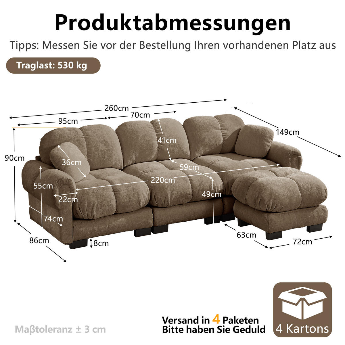 ECKSOFA 260/149/90 cm Braun Cord mit mobiler Ottomane und 2 kleinen Dekokissen - Braun, Textil (260/149cm) - Oxeza