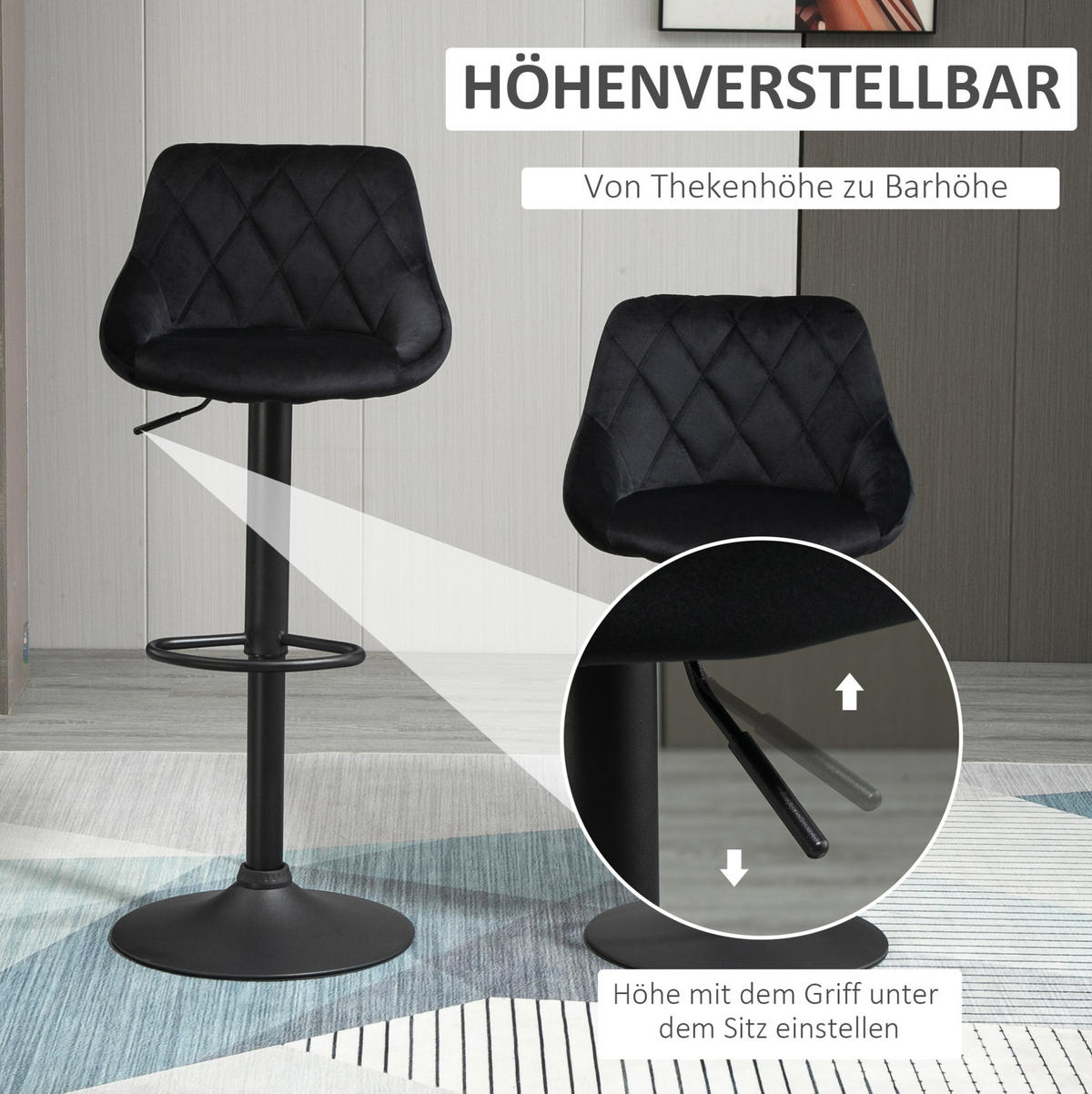 BARHOCKER höhenverstellbar 2er-Set Black Polyester Metall - Schwarz, Metall (48/83/51.5cm) - Meubliv