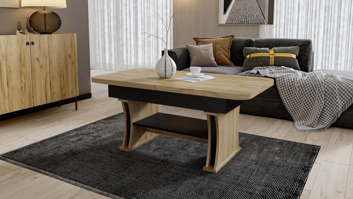 COUCHTISCH rechteckig Eiche Gold - Schwarz ausziehbar höhenverstellbar - Eichefarben/Schwarz, Holzwerkstoff (70/120/60cm) - designimpex