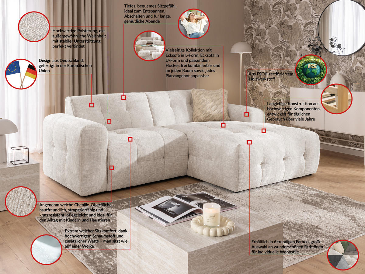 ECKSOFA Kozy im Bumpy-Design mit fester Rückenlehne aus weichem Beige Chenille-Stoff - Ottomane rechts - Beige/Creme, Holz/Kunststoff (234/161cm) - S-Style Möbel