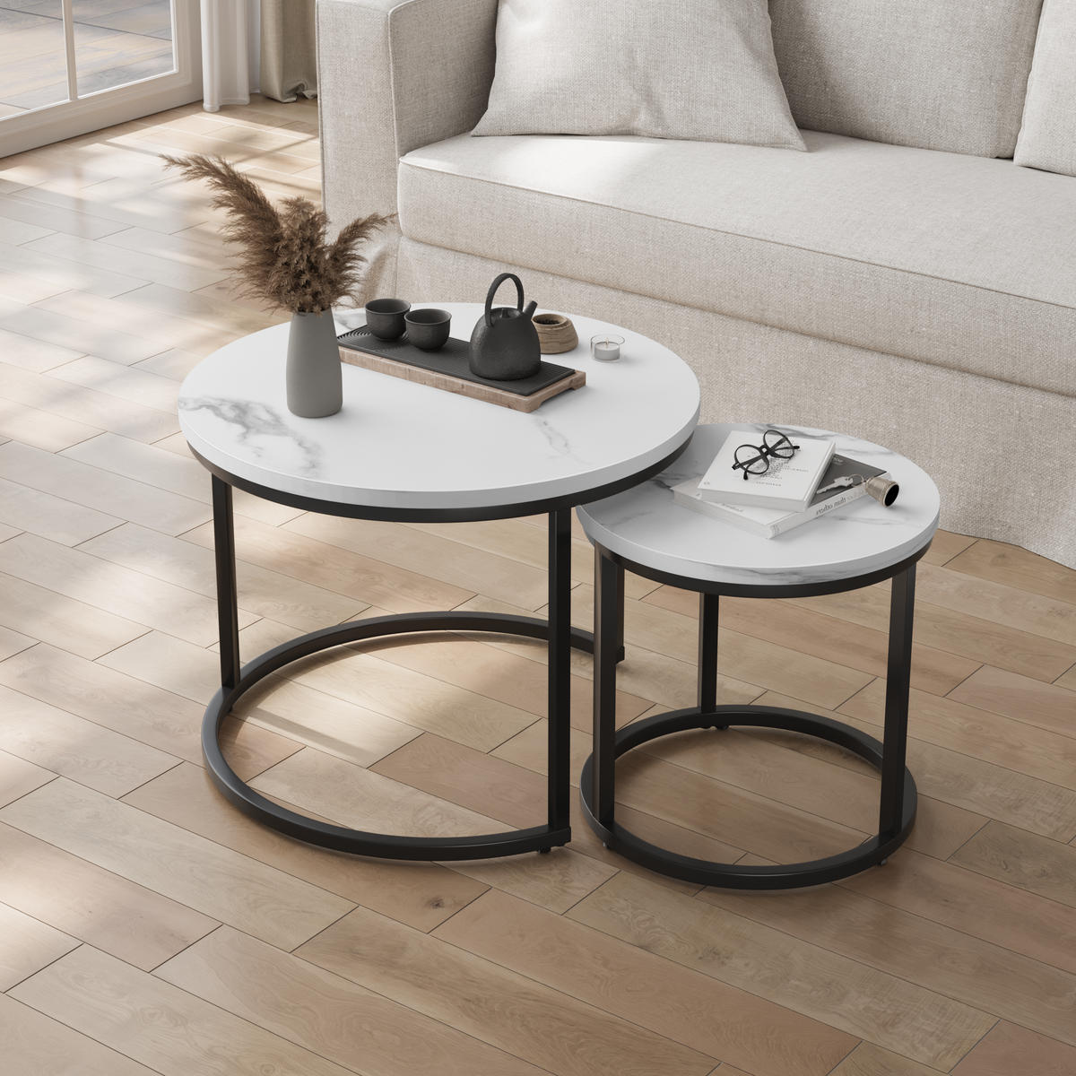 COUCHTISCH-SET 60/60/46 cm weiß aus Eisen mit verschachtelbarem Design - Weiß, Holzwerkstoff (60/60/45cm) - OKWISH