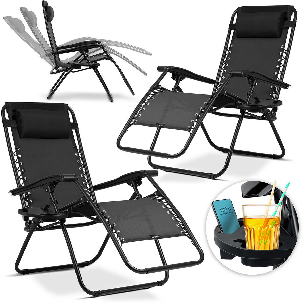 GARTEN-RELAXSESSEL Klappbarer mit Kissen, 2er Set, Schwarz - Schwarz, Metall (60/102/110cm)
