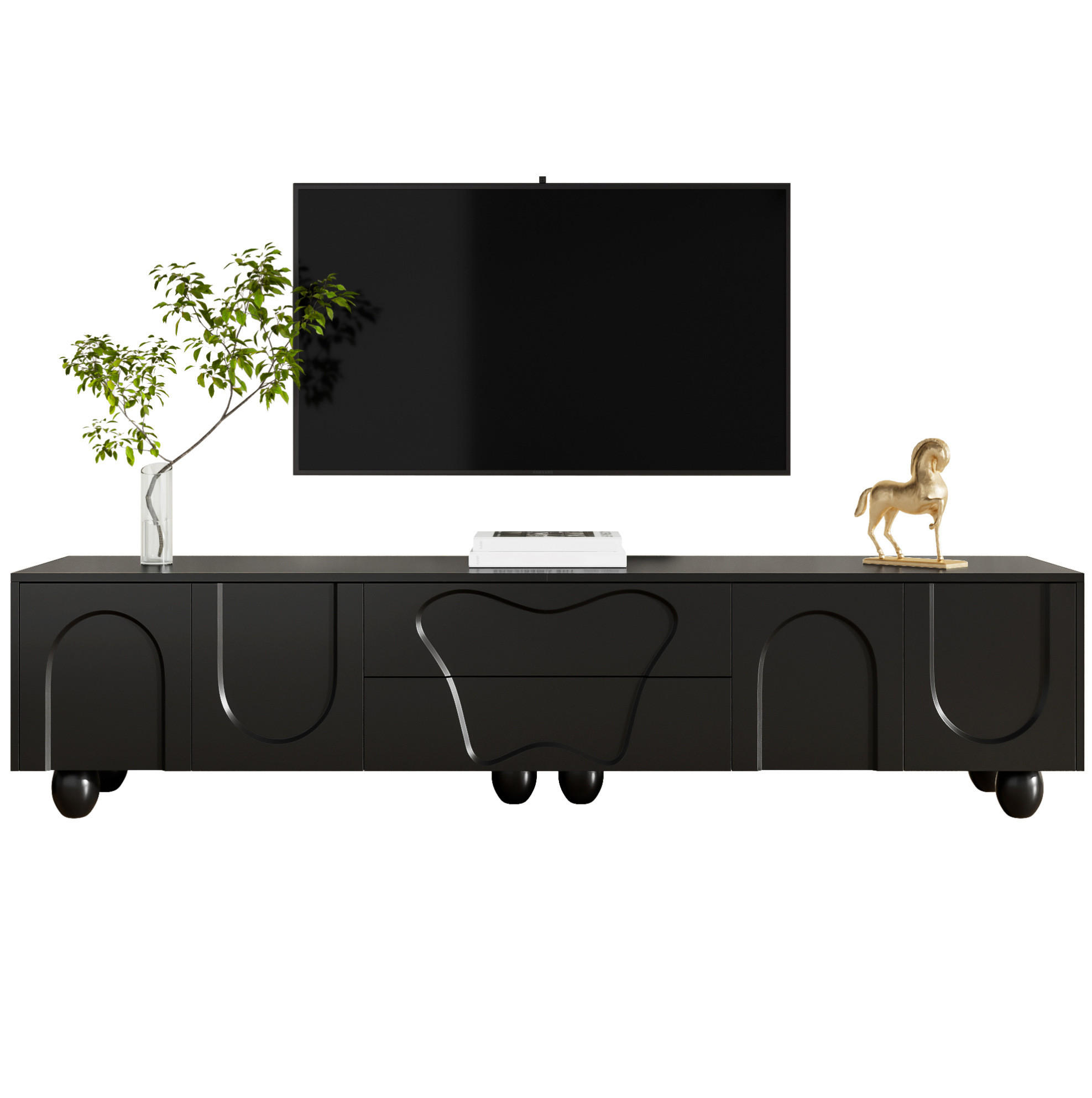 Modfu TV stolek z dřevotřísky 180x40x42 cm černý se zásuvkami, úložnými přihrádkami a nohami z masivního dřeva