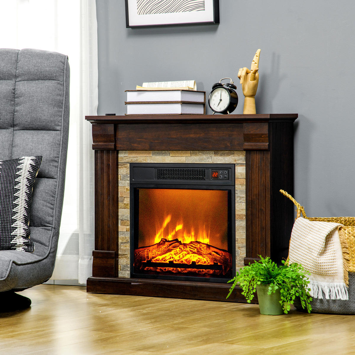 ELEKTROKAMIN DE-17056 1800 W mit 3D-Flamme & Regal Braun - Braun, Metall (80/67.8/21.6cm) - ComfortXL