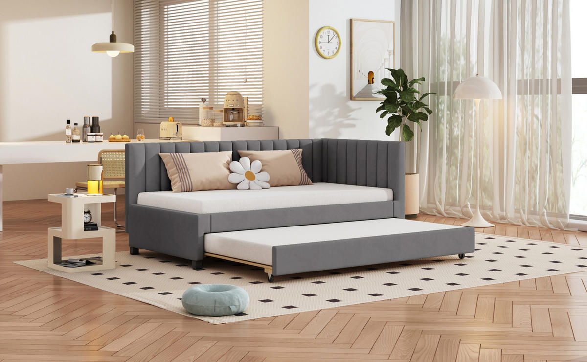 POLSTERBETT 90/200 cm Grau aus Samtstoff mit Ausziehbett - Grau, Textil (90/200cm) - OKMYHOME