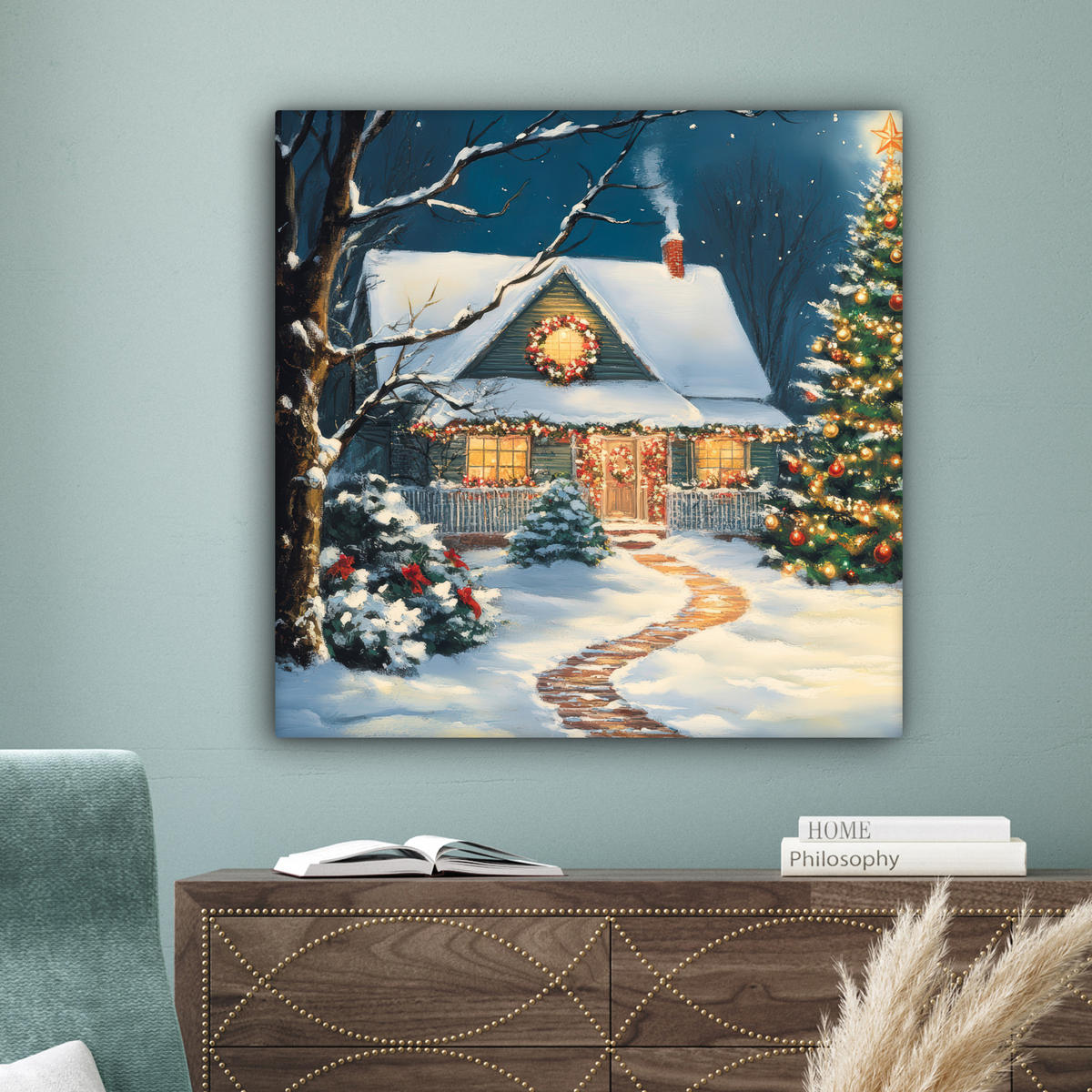 LEINWANDBILD Weihnachten - Weihnachtsbaum - Winter - Zuhause - Schnee Deko Groß 90x90 cm - Smaragdgrün, Textil (90/90cm) - MuchoWow