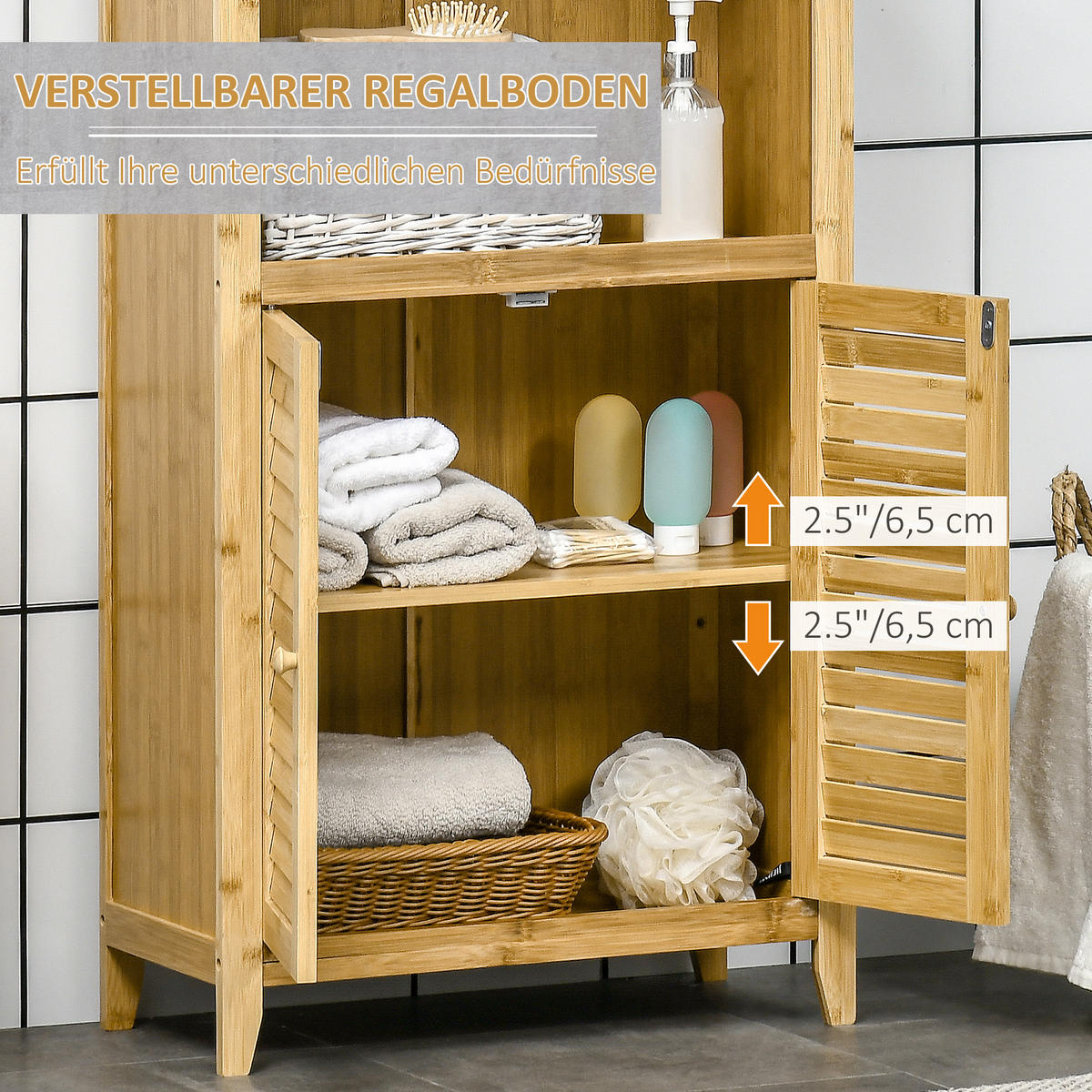 BADZIMMERSCHRANK mit offenem Regal, Bambus, Natur, 50 x 25,5 x 92 cm - Naturfarben, Holz (25.5/92/50cm) - HOMCOM