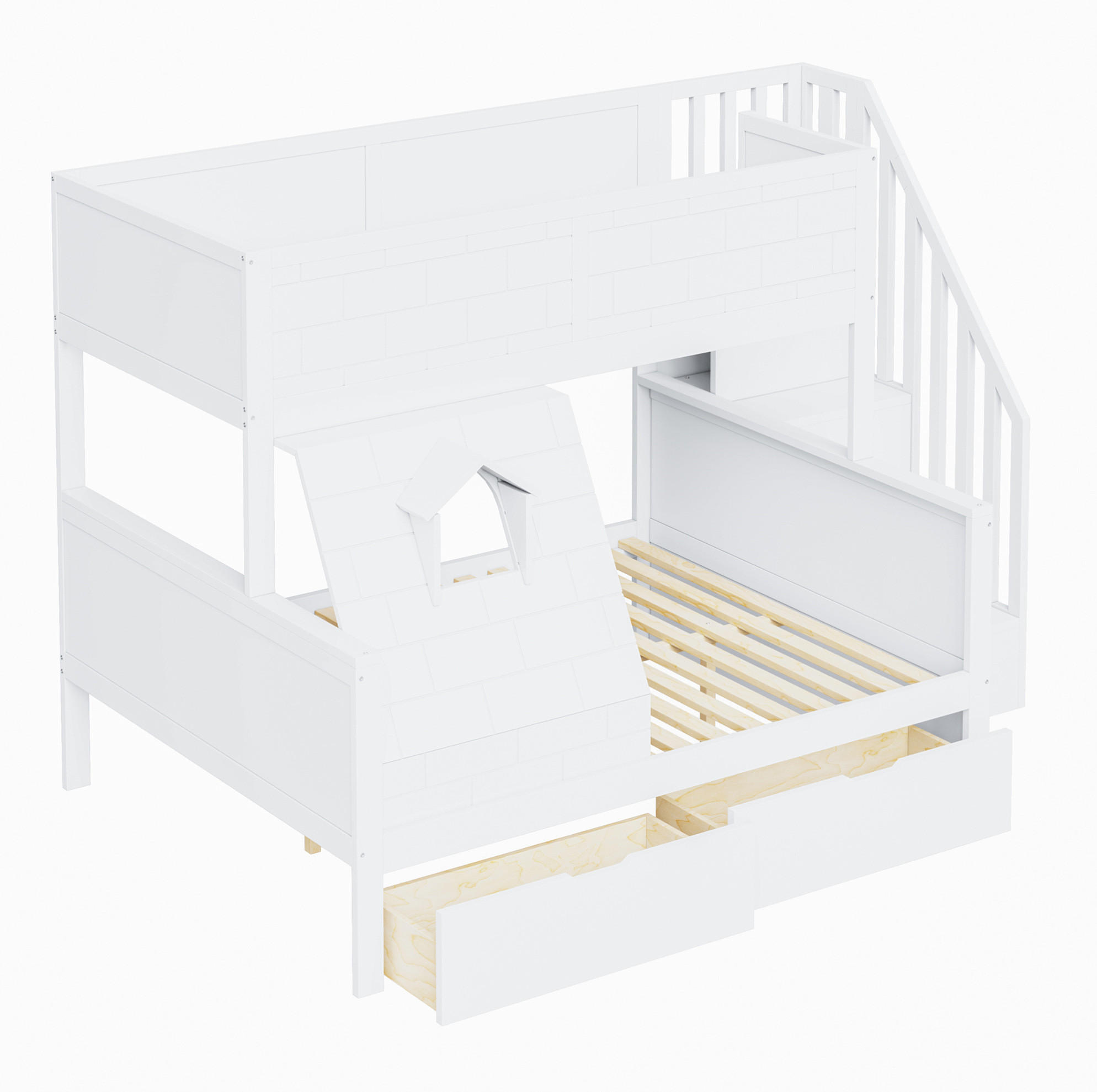 ETAGENBETT 90/200 & 140/200 cm mit Stauraumtreppe, 2 Schubladen und Fenster, Weiß - Weiß, Holzwerkstoff (90/200cm) - Redom