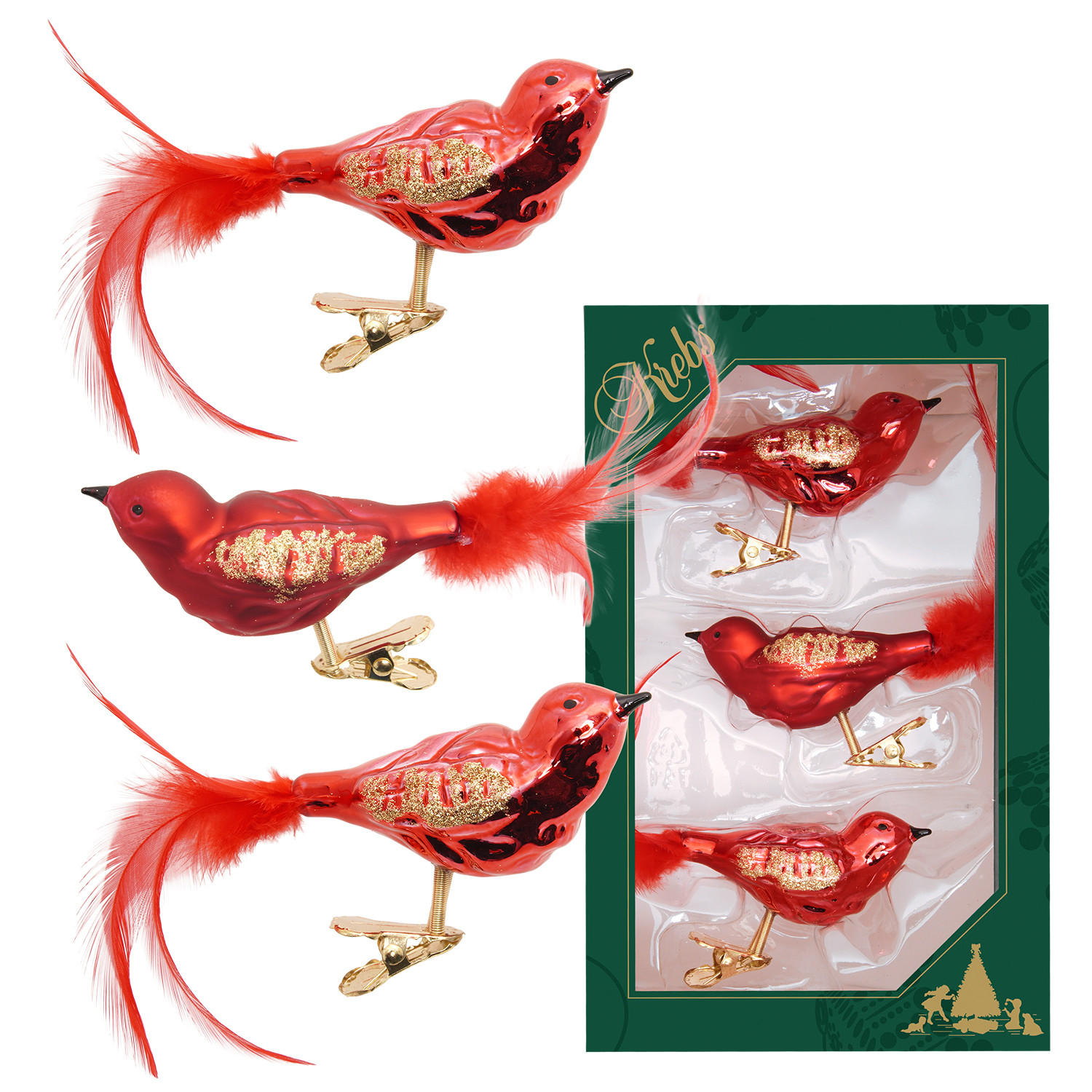 CHRISTBAUMSCHMUCK Wintervögel Rot 9cm (Glas / 3 Stk.) - Rot, Glas (4/4/9cm) - Krebs Glas Lauscha