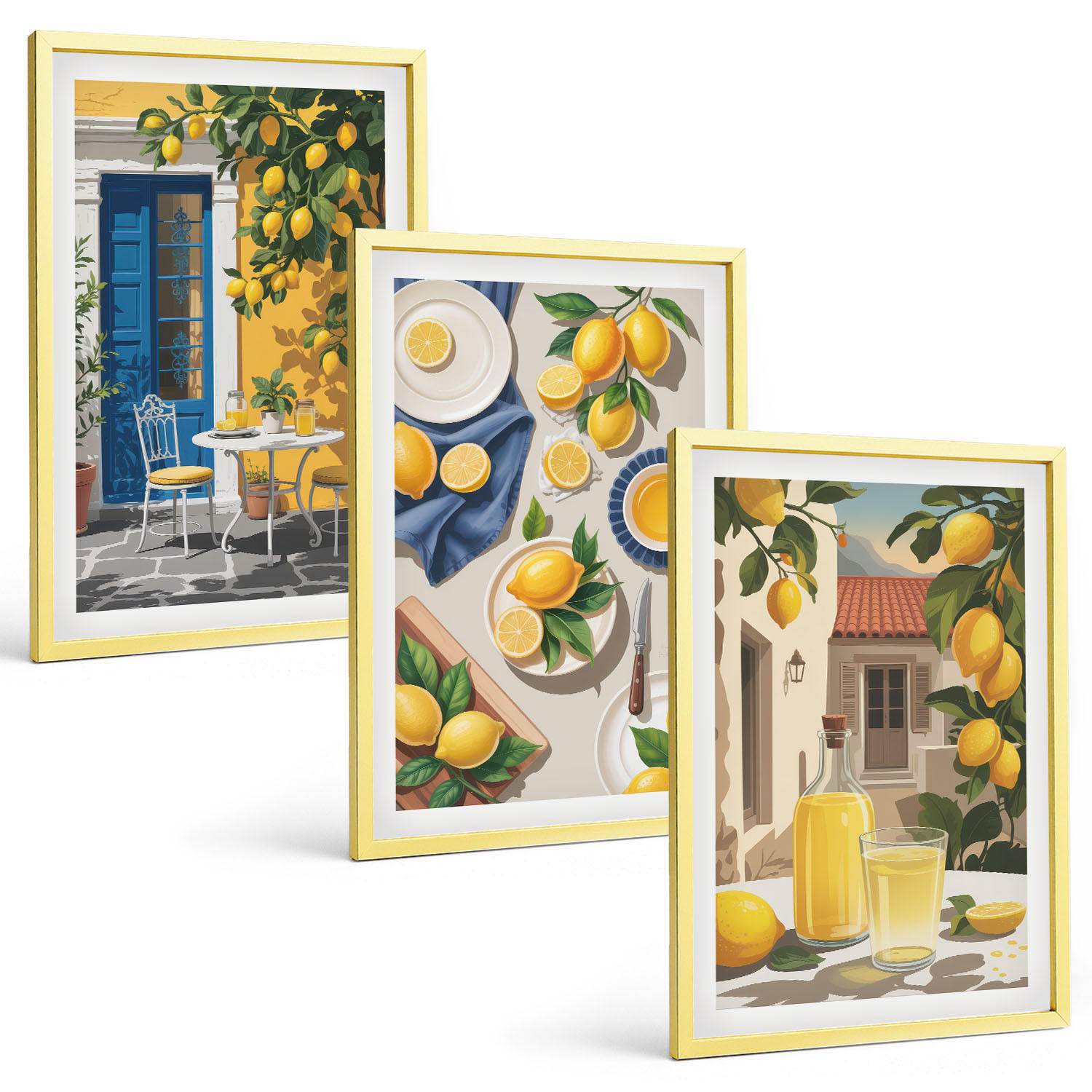 BILDER SET 3er Set - 40x60 cm Goldrahmen - Zitronengarten mit Getränken - Goldfarben, Kunststoff (40/60cm) - TULUP
