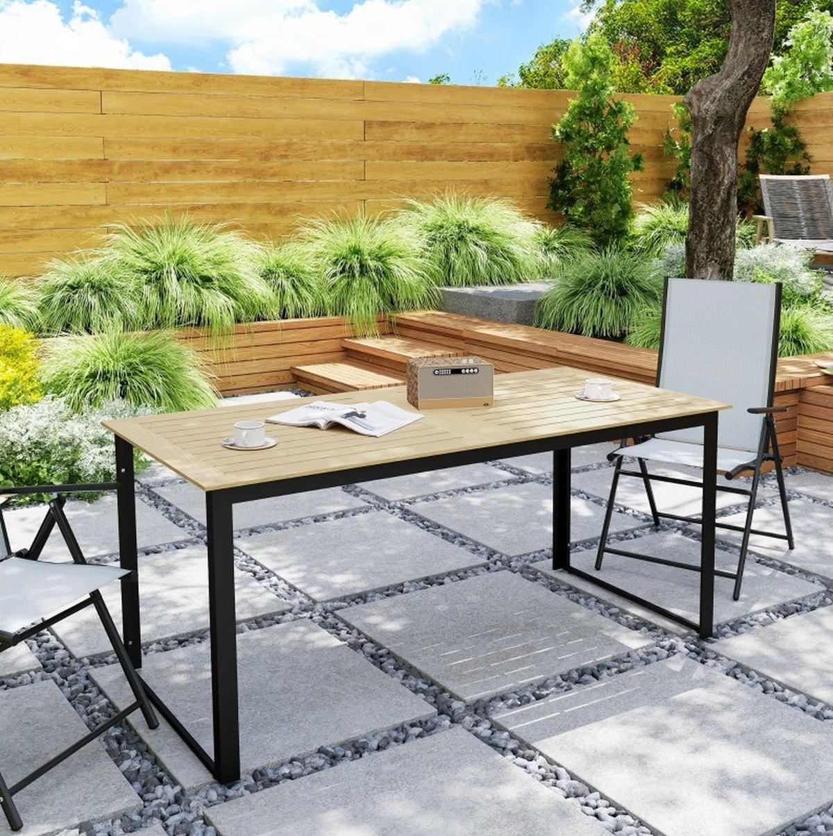 GARTENTISCH 175/78/75 cm für 6 Personen mit Holzoptik und wetterfestem Metallgestell, Teak - Naturfarben, Metall (175/78/75cm) - Redom
