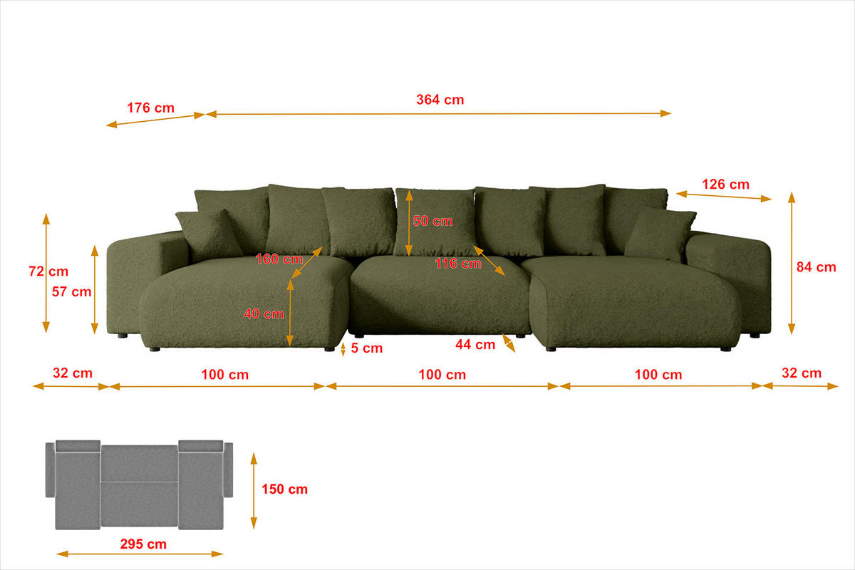 WOHNLANDSCHAFT mit Schlaffunktion ESKAR-U -364x176x84cm Grün Bouclé - Schwarz/Grün, Holzwerkstoff/Kunststoff (364/84/176cm) - ALTDECOR