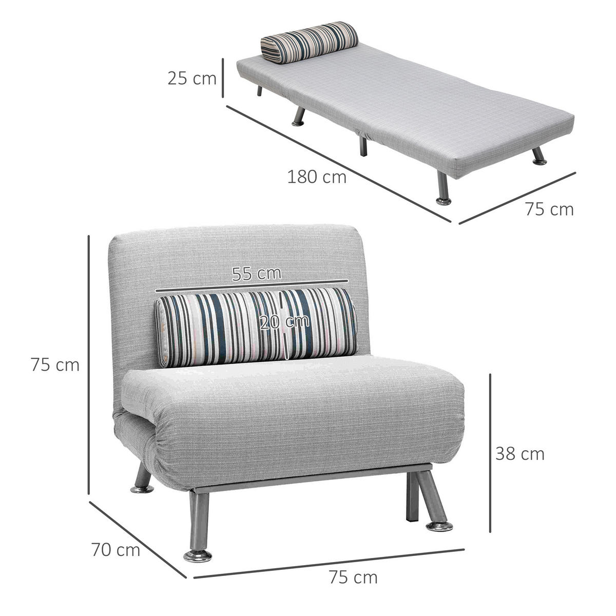 SCHLAFSESSEL, Metall, Leinen, Grau - Grau, Metall (70/75/75cm) - HOMCOM