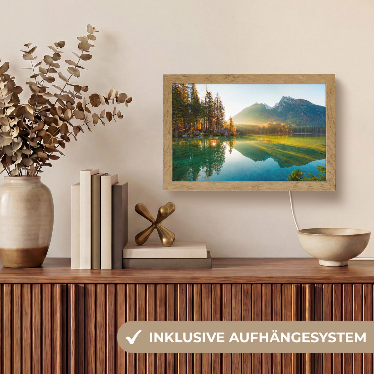 TISCHLEUCHTE See - Wald - Berge - Natur - Sonne - Landschaft 30x20 cm - Currygelb, Holzwerkstoff (8/30/20cm) - OnlyWow