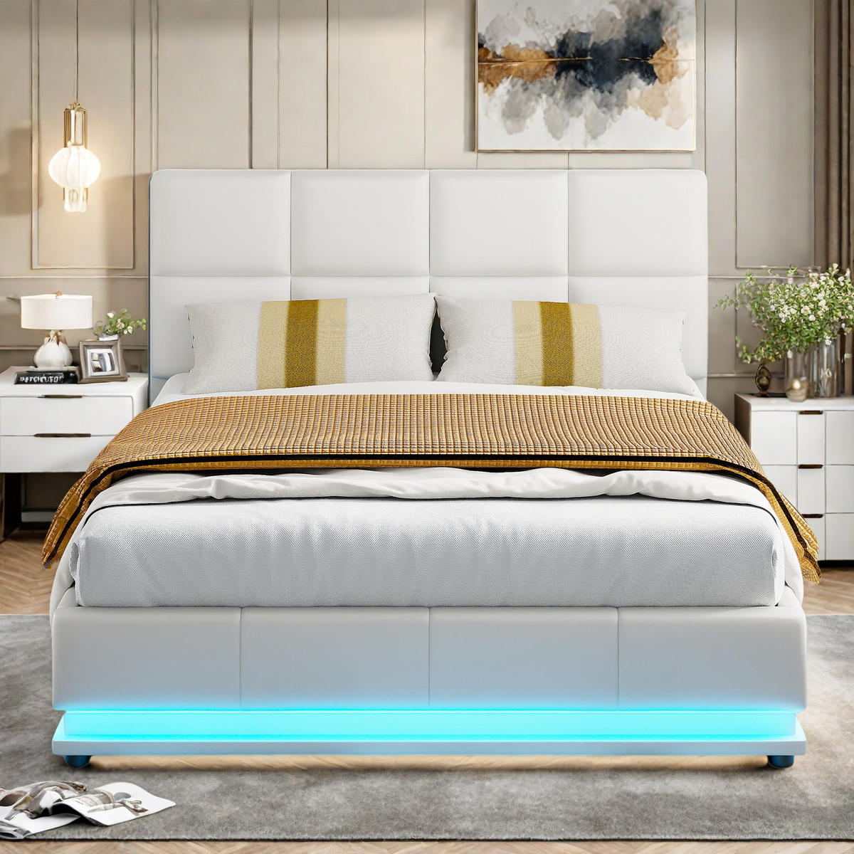 POLSTERBETT 140x190 cm LED Stauraum Lattenrost PU Kopfteil weiß - Weiß, Holz (140/190cm) - LEBENLANG