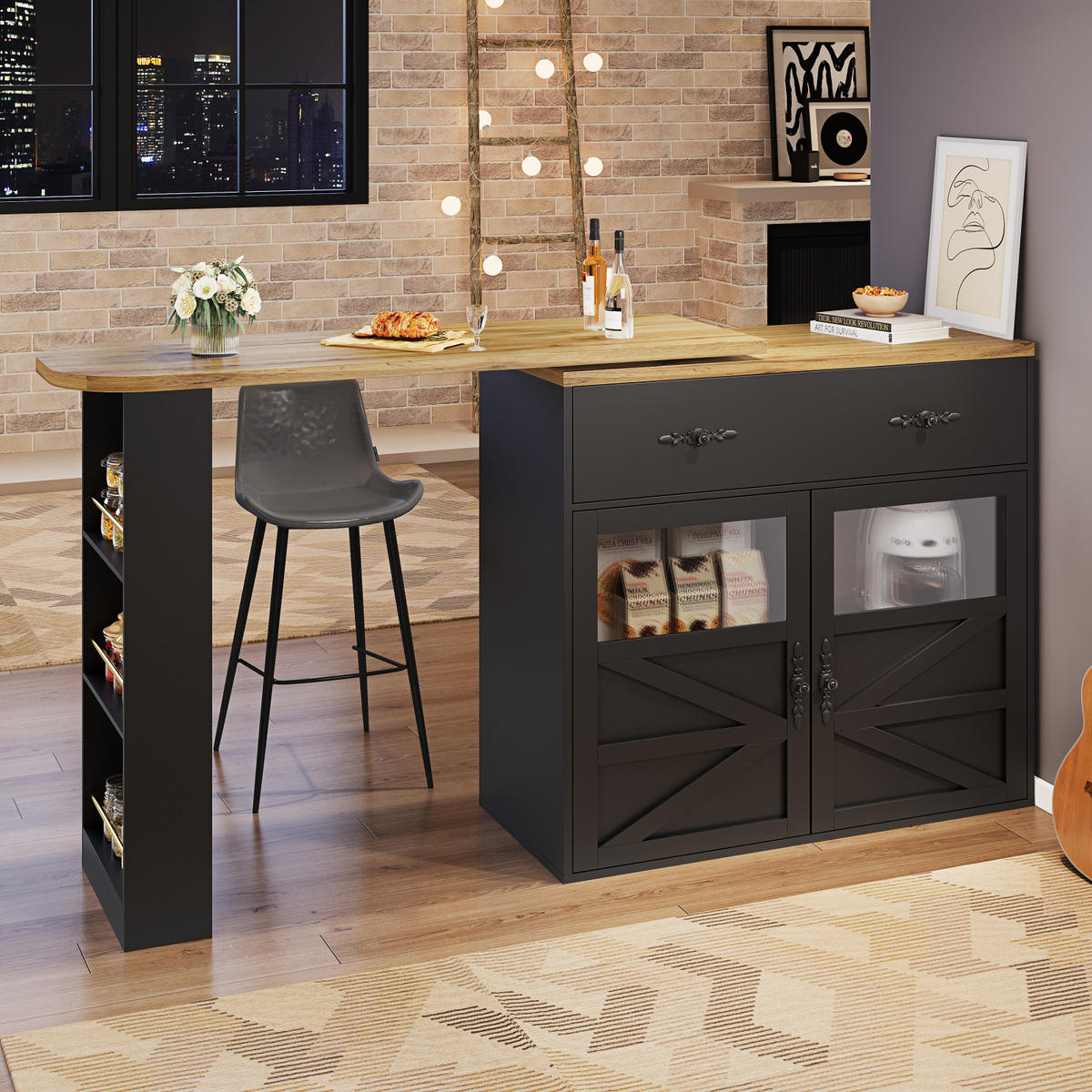 SIDEBOARD 138-204 cm, 360° drehbar, Regale, Schwarz - Schwarz, Holz (204/104/39cm)