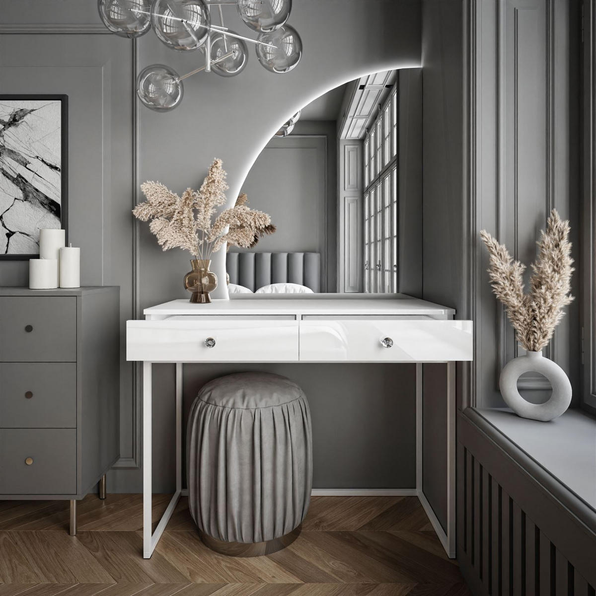 SCHMINKTISCH weiß QUINNIE mit LED-Spiegel links Griff Kristall - Weiß Hochglanz/Weiß, Holzwerkstoff (100/176/42cm) - Lookway