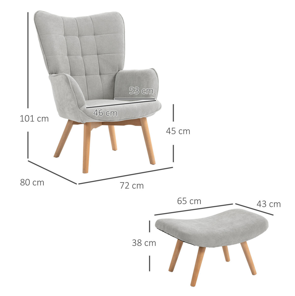 OHRENSESSEL 72/80/101 cm in Grau mit Hocker und Buchenholzbeinen - Grau, Textil (72/101/80cm) - Flora Grace