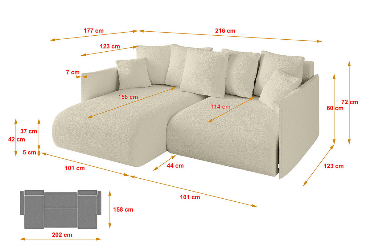 ECKSOFA mit Schlaffunktion und Bettkasten ONESK-L 216x177x72 Beige Bouclé - Beige/Creme, Holzwerkstoff/Kunststoff (216/177cm) - ALTDECOR