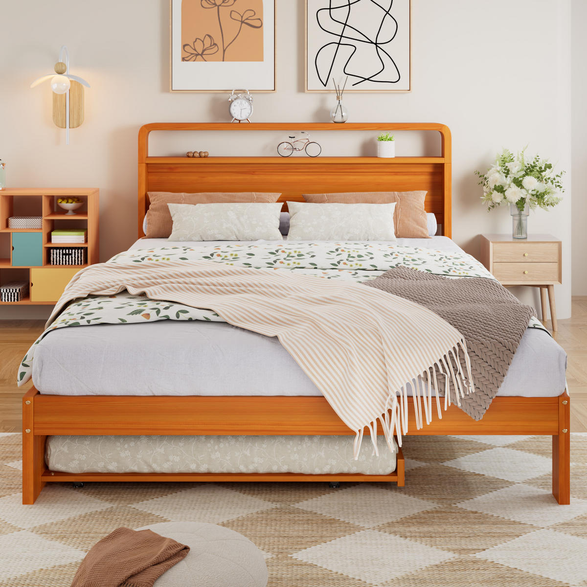BETT 140/200 cm in Natur mit Ausziehbett, Gästebett und abgerundetem Kopfteil aus Holz - Naturfarben, Holzwerkstoff (140/200cm) - STILVORA