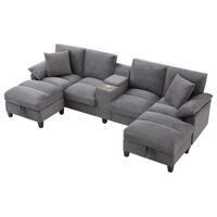 WOHNLANDSCHAFT 293/142/93 cm Grau mit Stauraum, Getränkehaltern und 2 USB-Anschlüssen - Grau, Textil (293/93/142cm) - Oxeza