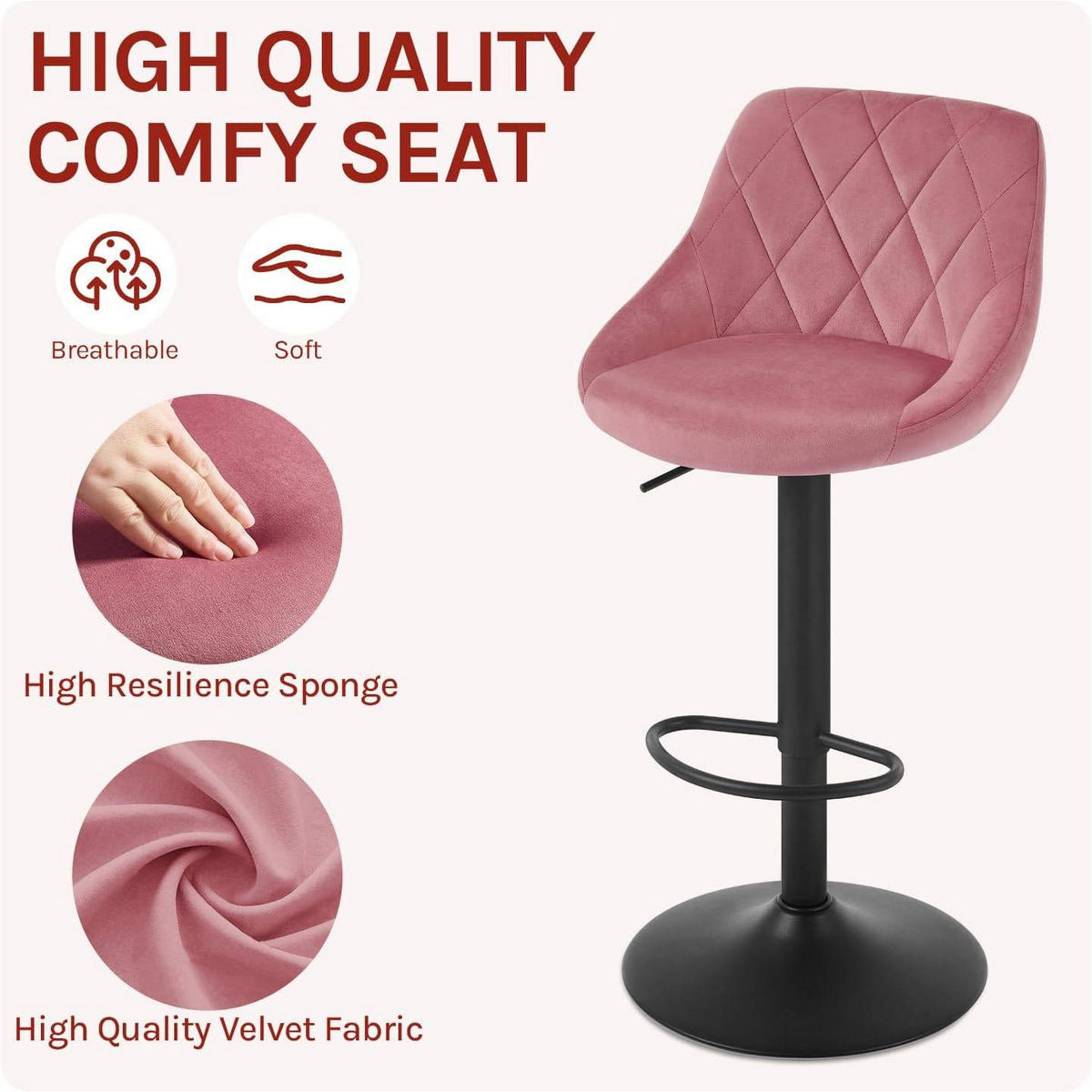 BARHOCKER 2er Set, aus Samt, Drehbar, Rosa - Schwarz/Rosa, Textil/Metall (47/83/39cm) - Woltu
