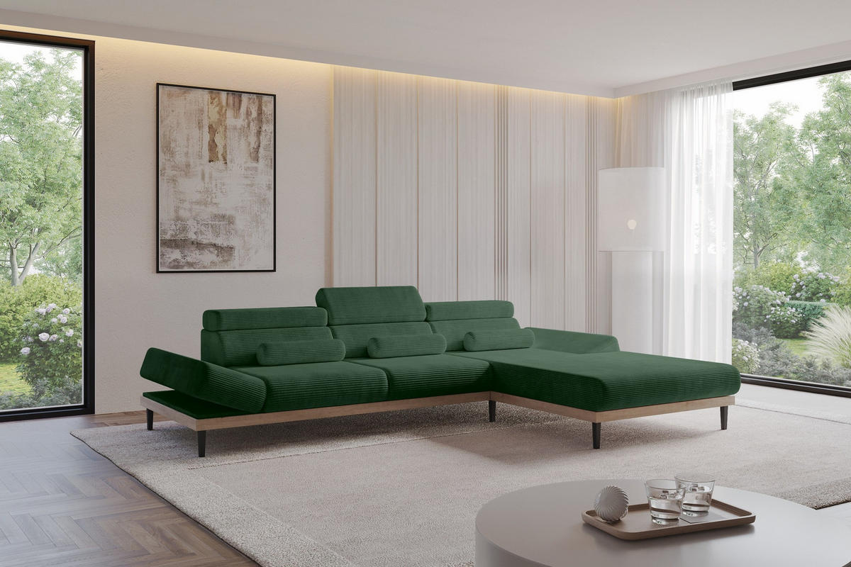 ELEKTRISCHES ECKSOFA Rechts MONA 316x205x85 Grün Cord - Salbeigrün/Grün, Holzwerkstoff/Textil (316/205cm) - ALTDECOR
