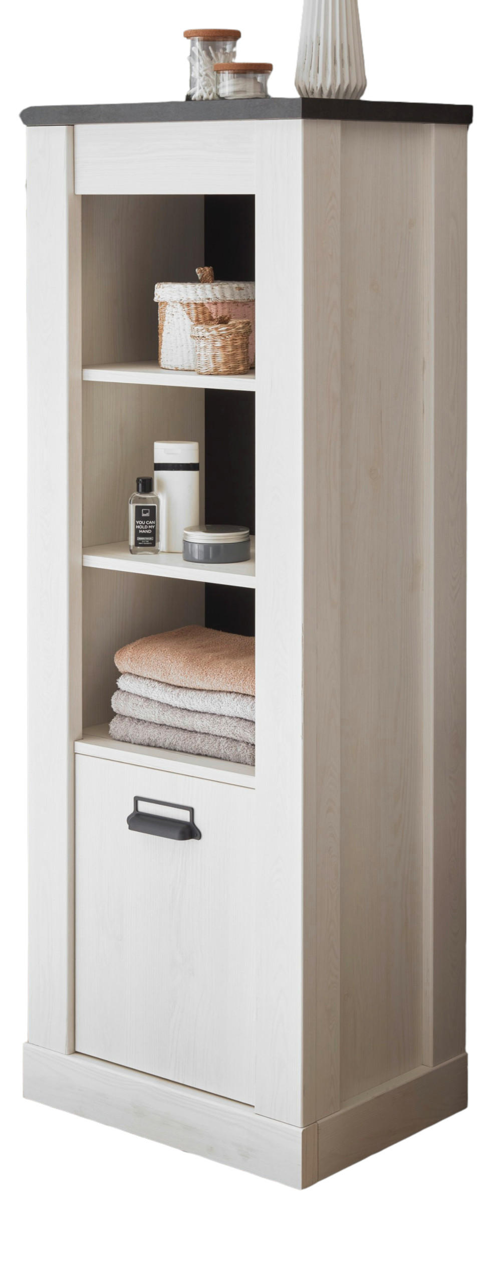 BADSCHRANK weiß Pinie, anthrazit Landhaus, Midischrank mit Soft-Close - Anthrazit/Weiß, Holzwerkstoff/Metall (51/146/38cm) - Furn.Design