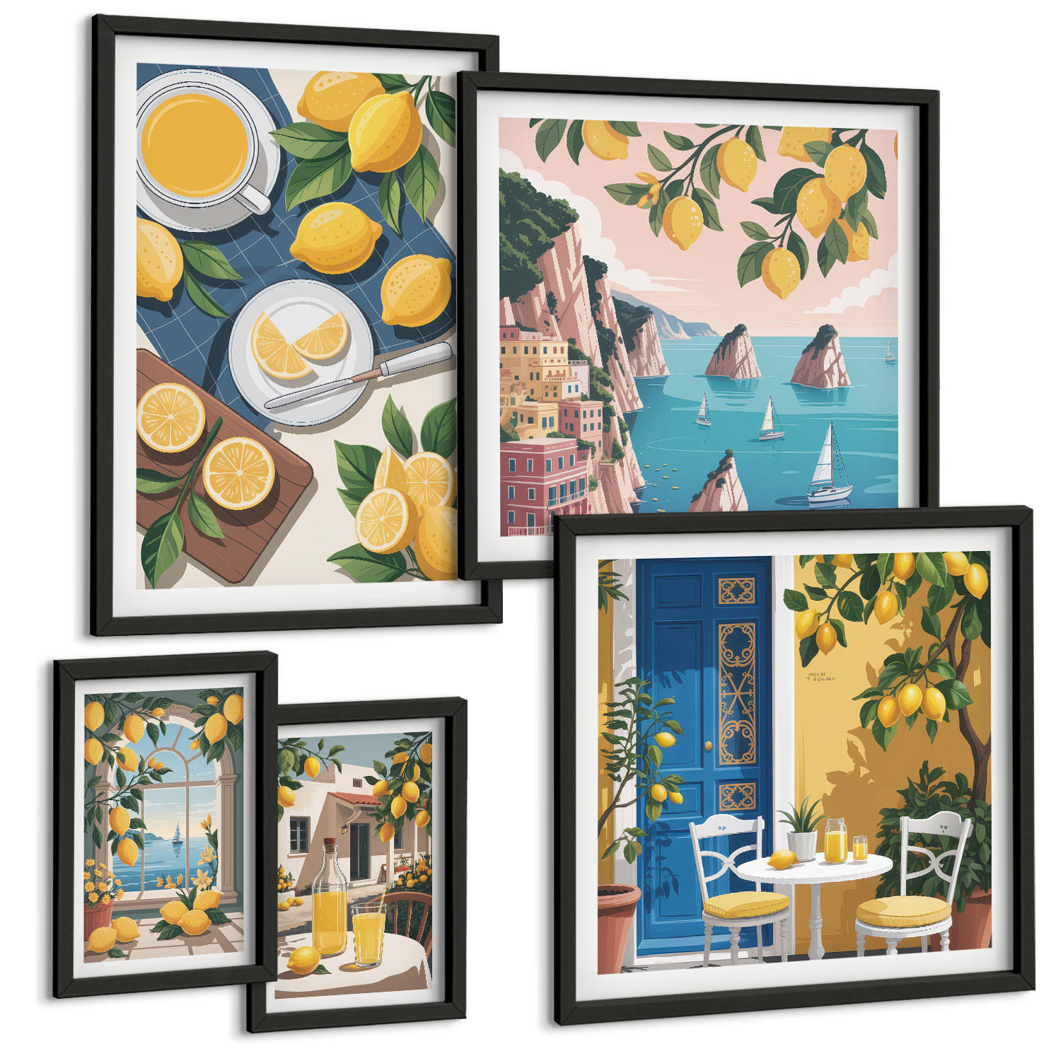 BILDER SET 5er Set - 50x50 cm & 20x30 cm & 40x60 cm Schwarzer Rahmen - Berge, rosa Himmel, Wasser, Sukkulente - Schwarz, Kunststoff (40/60cm) - TULUP