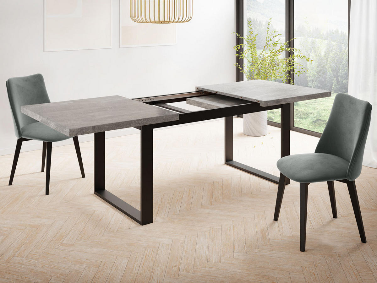 ESSTISCH Valentino rechteckig ausziehbar, Grauer Beton 140/180/80/75 cm - Hellgrau/Schwarz, Holzwerkstoff/Metall (140/80/75cm) - WFL GROUP