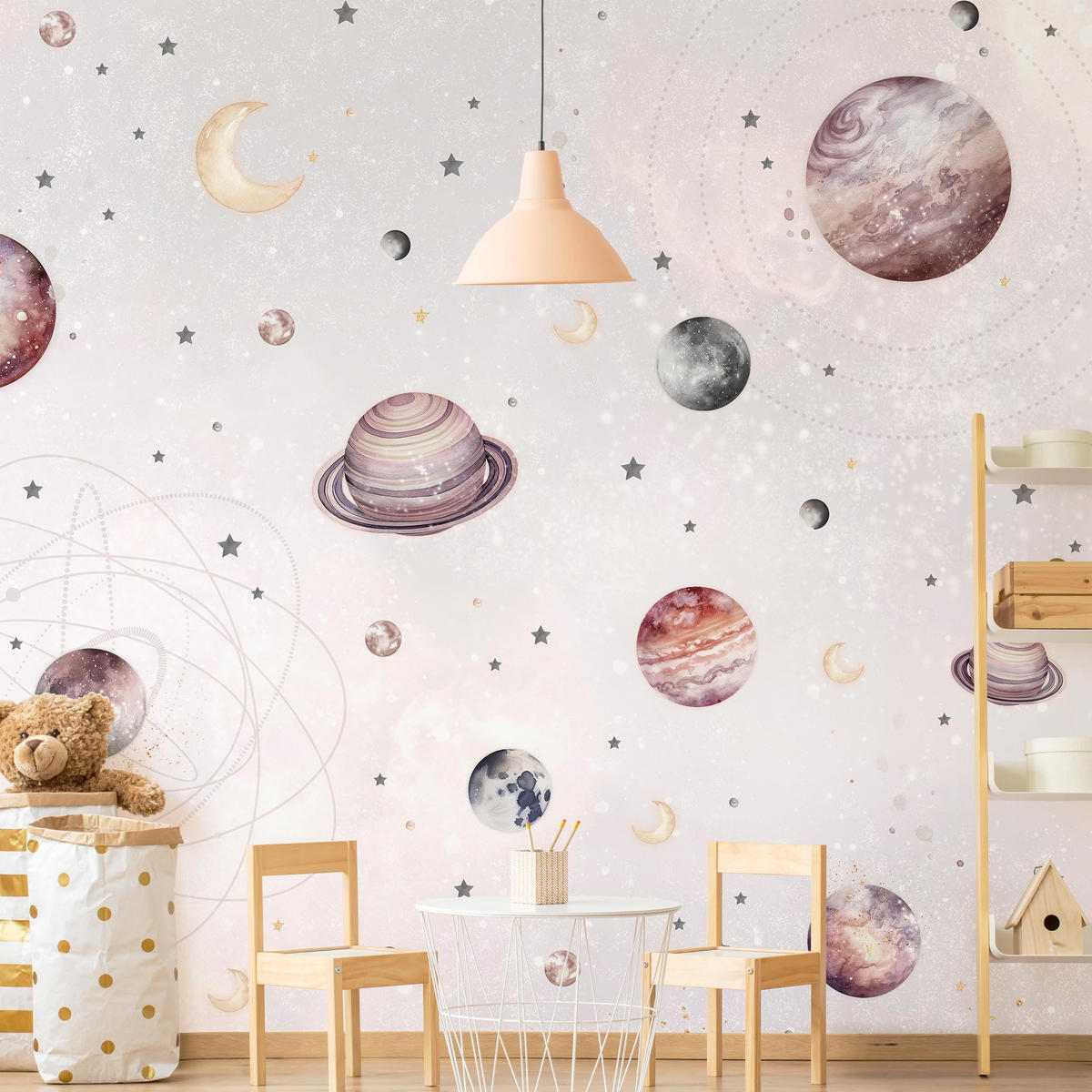 FOTOTAPETE Aquarell Planeten, Mond und Sterne 288/288 cm - Pastellblau, Papier (288/288cm) - Bilderwelten