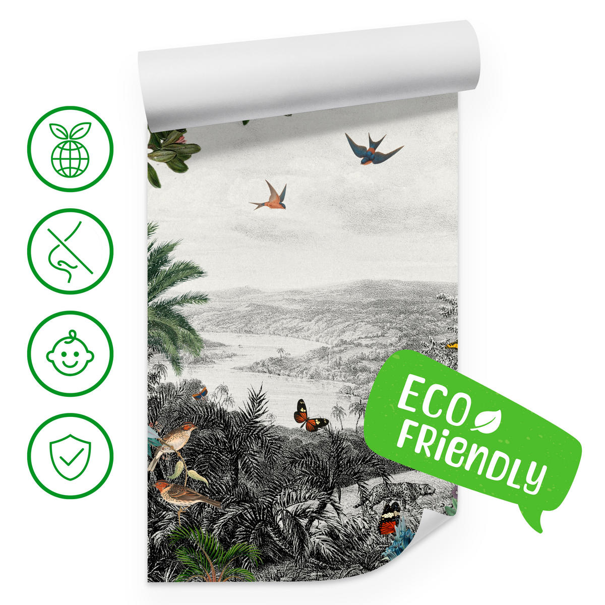 FOTOTAPETE für Wohnzimmer Tropenpapageien Vögel Palmen 350x256 - Gelb/Rot, Papier (350/256cm) - Muralo