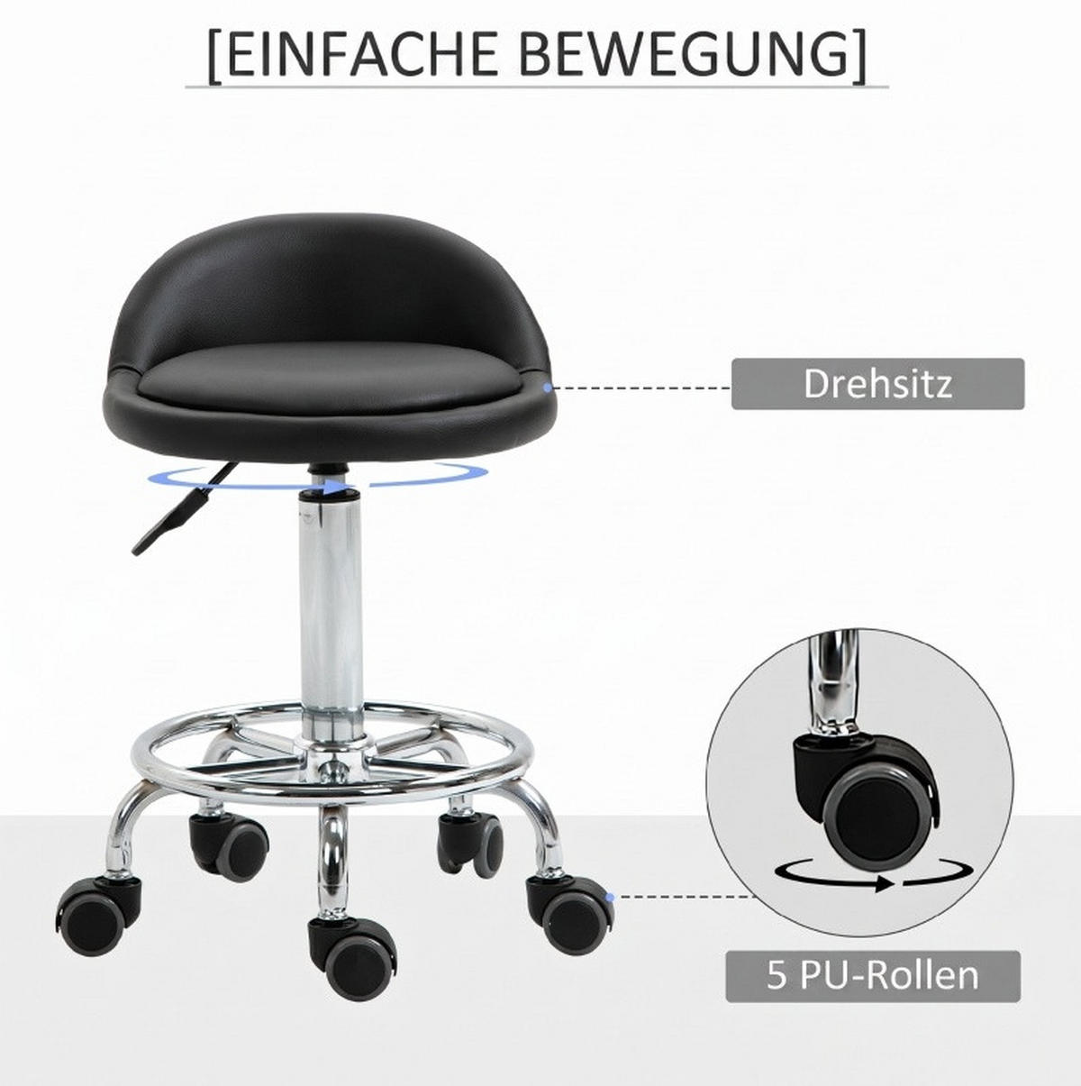 ROLLHOCKER im 2er-Set in Schwarz 38x38x72 cm, höhenverstellbar von 57 bis 72 cm - Schwarz, Kunststoff (38/72/38cm) - IVMEU