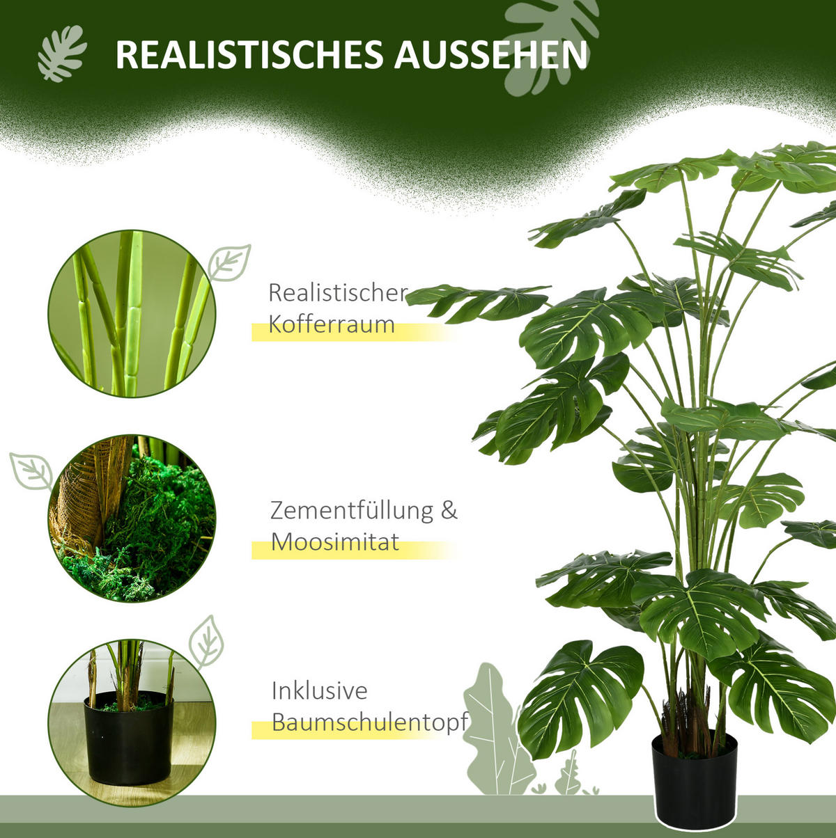 KUNSTPFLANZEN 20/20/180 cm grün aus Kunststoff mit Topf und Moos - Grün, Kunststoff (180cm) - OKWISH