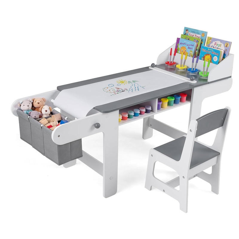 KINDERSCHREIBTISCH-SET mit Stauraum grau(2-tlg) - Grau, Holzwerkstoff (136/67/45.5cm) - COSTWAY