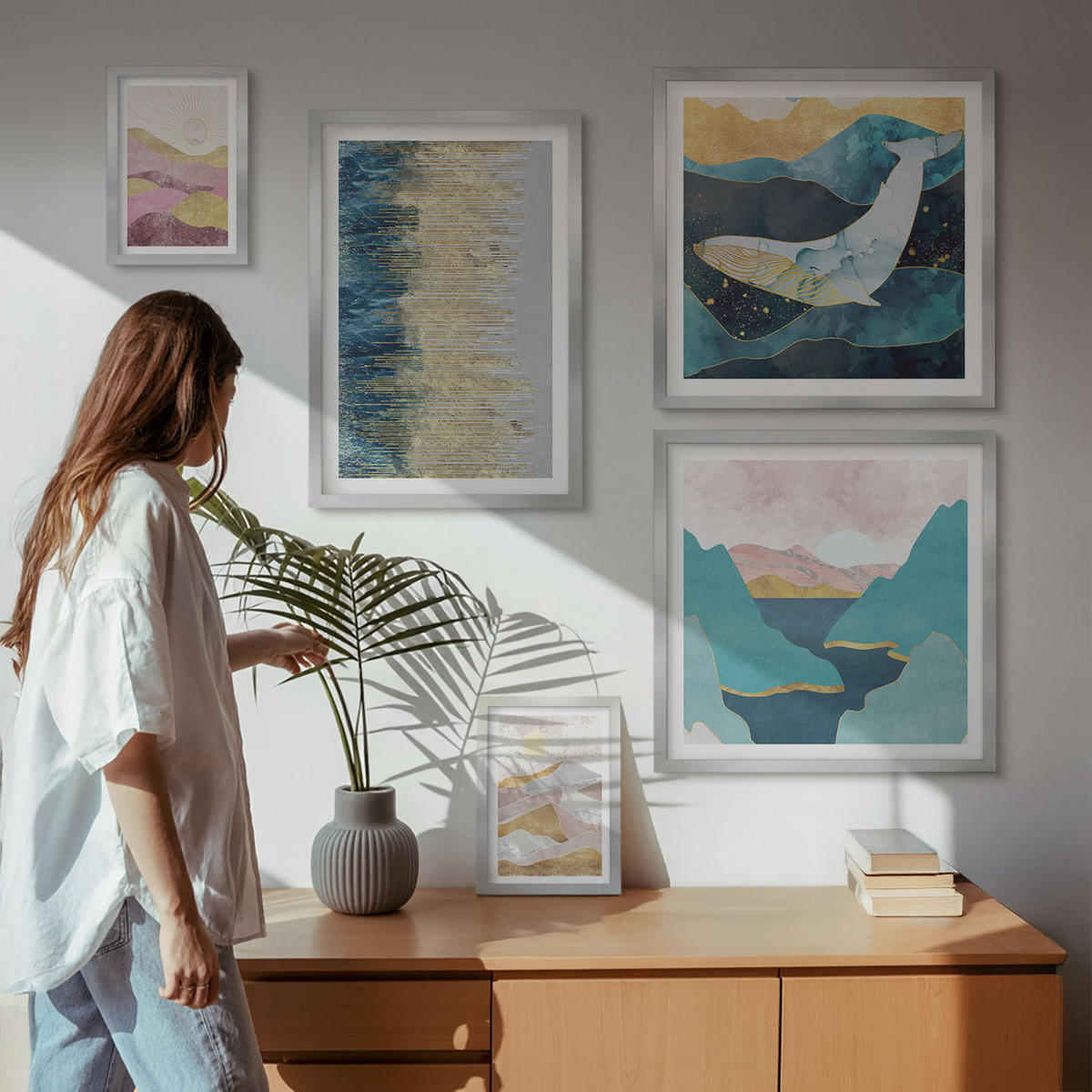 WANDBILDER 5er Set - 50x50 cm & 20x30 cm & 40x60 cm Silberner Rahmen - Abstrakte Berge Sonne - Silberfarben, Kunststoff (40/60cm) - ArtPrintCave