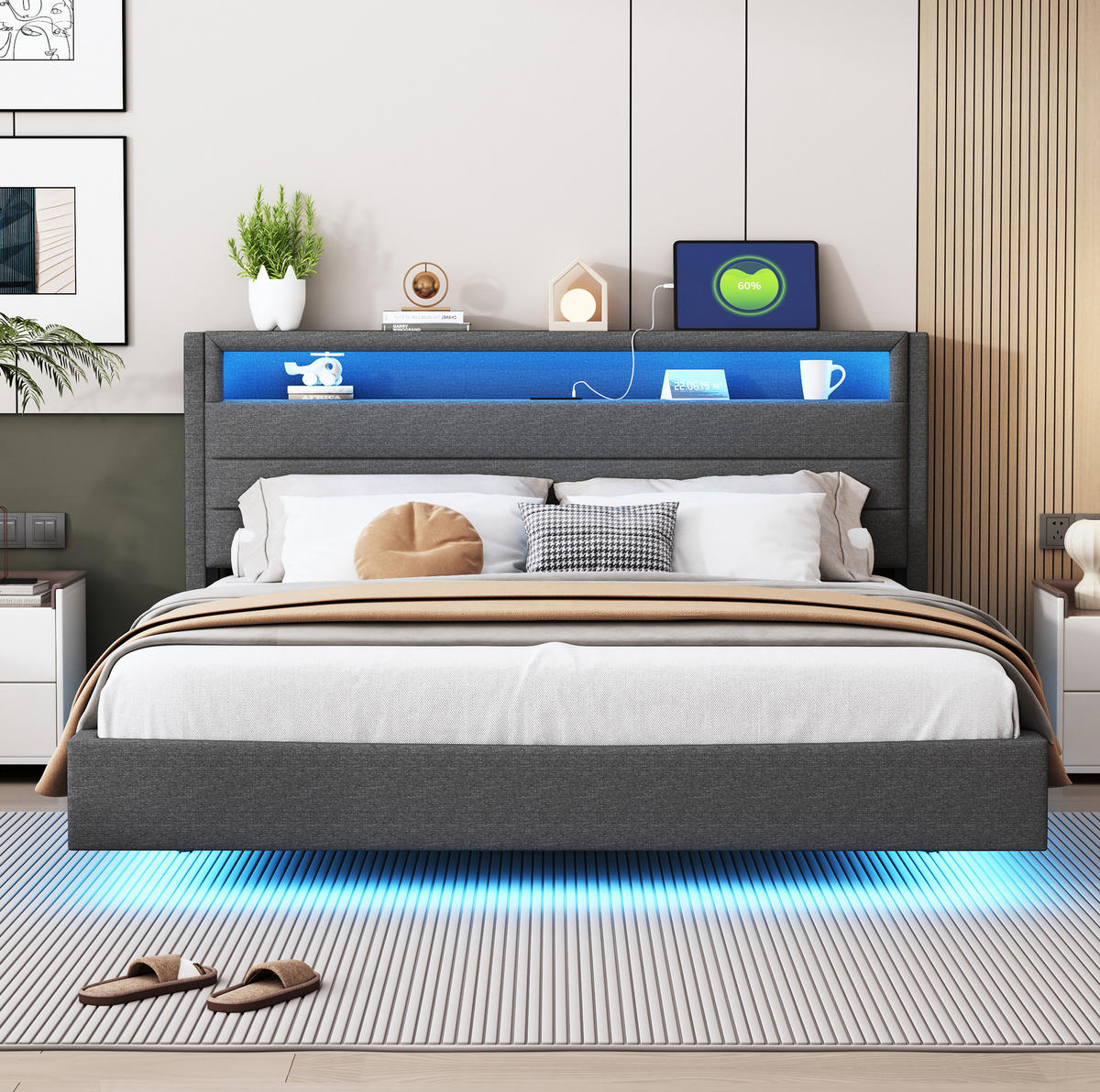 POLSTERBETT mit USB und LED 160x200 cm Leinen Grau - Grau, Metall (160/200cm) - Meubliv