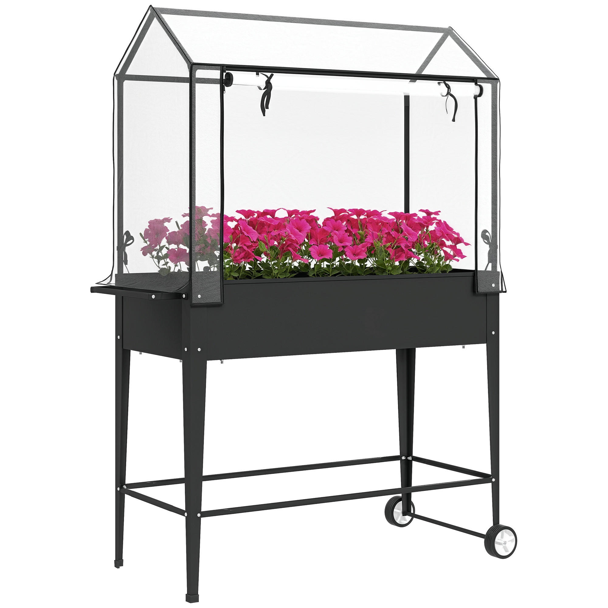 HOCHBEET DE-16020 mit PVC-Abdeckung & Rollen Schwarz - Schwarz, Metall (100/152/45cm) - ComfortXL