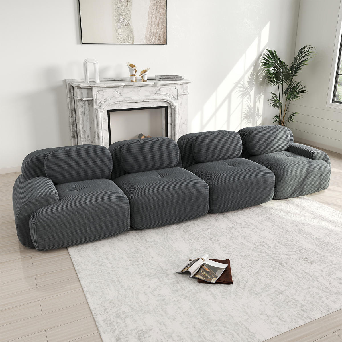 4-SITZER SOFA Cord Grau - Grau, Textil (388/75/103cm) - WISHDOR