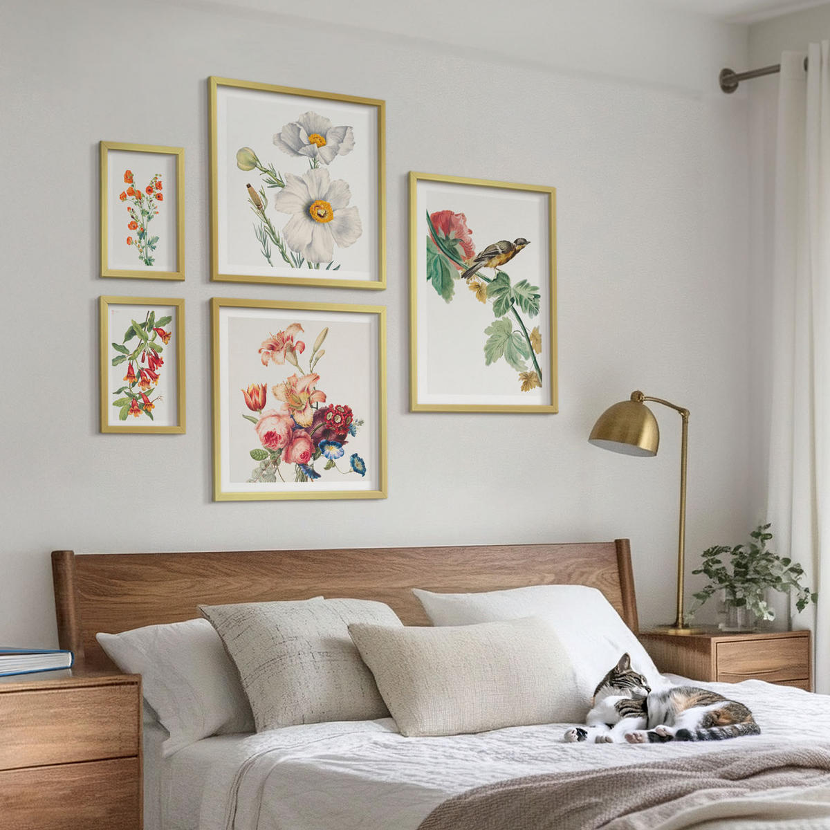 BILDER SET 5er Set - 50x50 cm & 20x30 cm & 40x60 cm Goldrahmen - Gemalte Blumen, Retro-Vogel - Goldfarben, Kunststoff (40/60cm) - TULUP