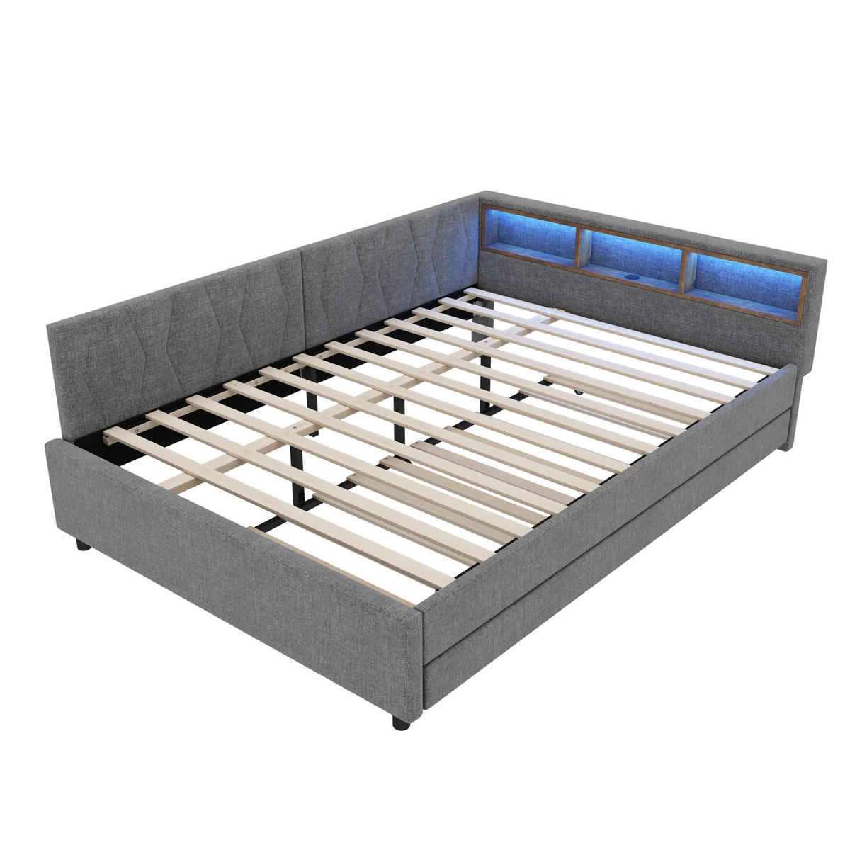 POLSTERBETT 140/200 cm mit LED-Beleuchtung, USB-C und ausziehbarem Gästebett - Grau, Textil (140/200cm) - BEAOK