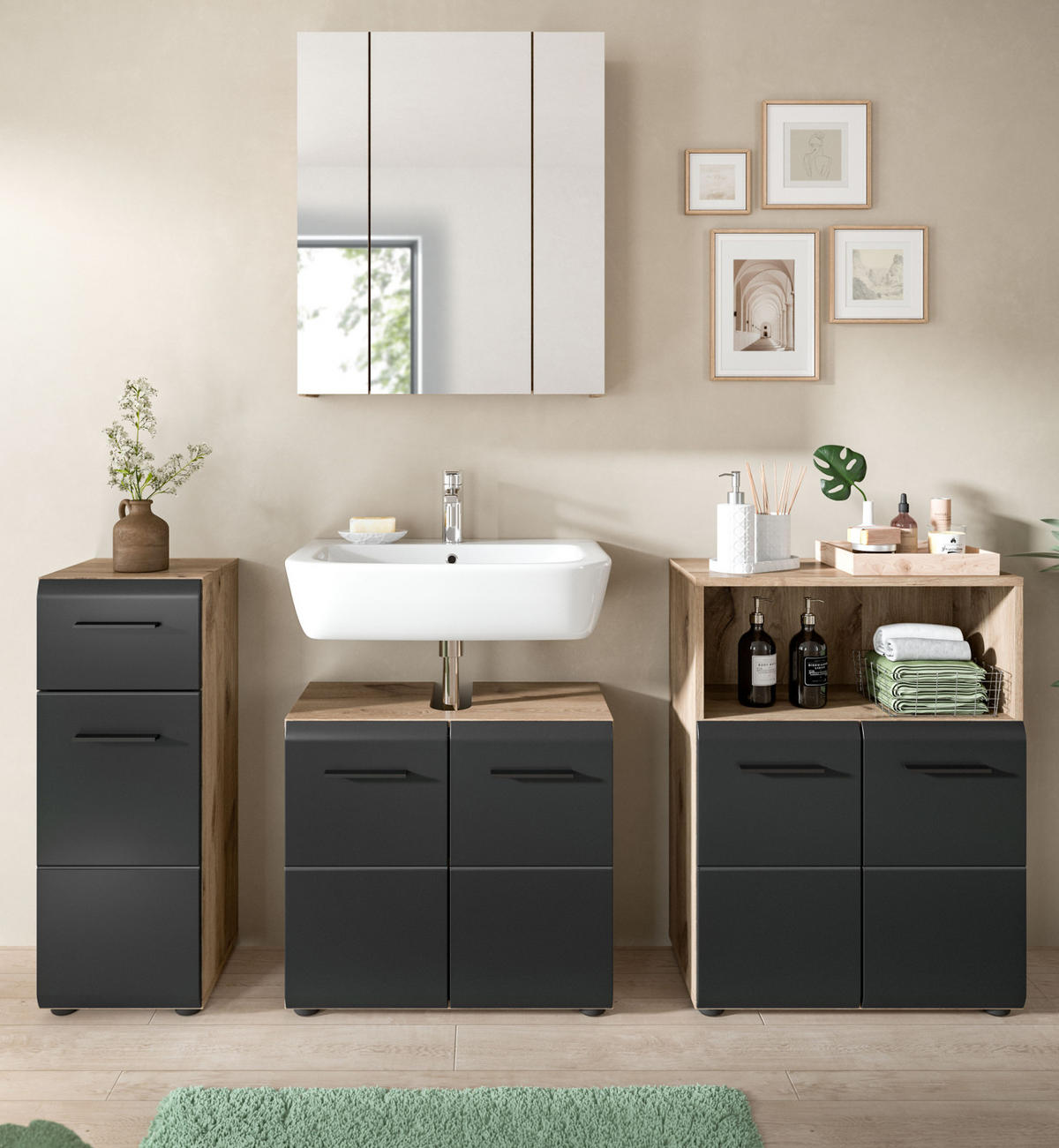 BADMÖBEL-SET 4-teilig schwarz matt, Eiche Nox, Badezimmer mit viel Stauraum, 180 x 185 cm - Eichefarben/Schwarz, Glas/Holzwerkstoff (180/185/30cm) - Inn.Furn