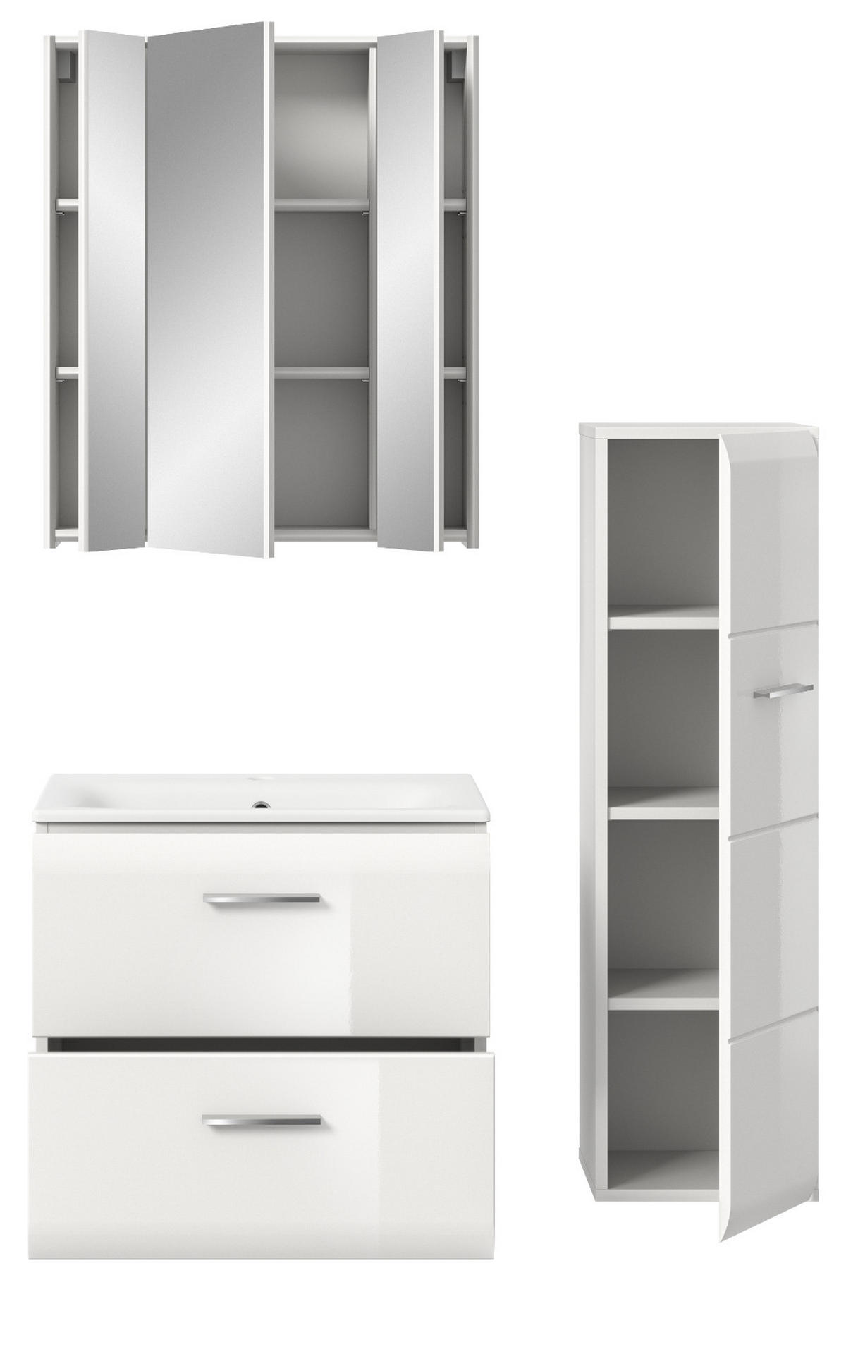 BADMÖBEL-SET weiß Hochglanz 3-teilig 105 cm, Komplettset inklusive Waschbecken - Weiß Hochglanz/Silberfarben, Glas/Holzwerkstoff (105/185/46cm) - Inn.Furn