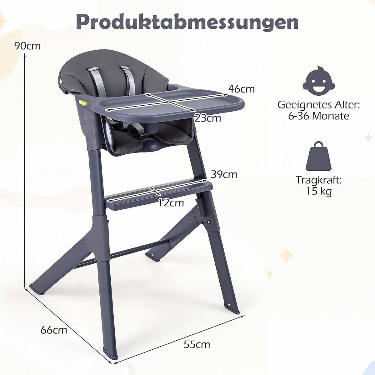 KINDERHOCHSTUHL mit verstellbarem Tablett grau - Grau, Metall (66/90/55cm) - COSTWAY