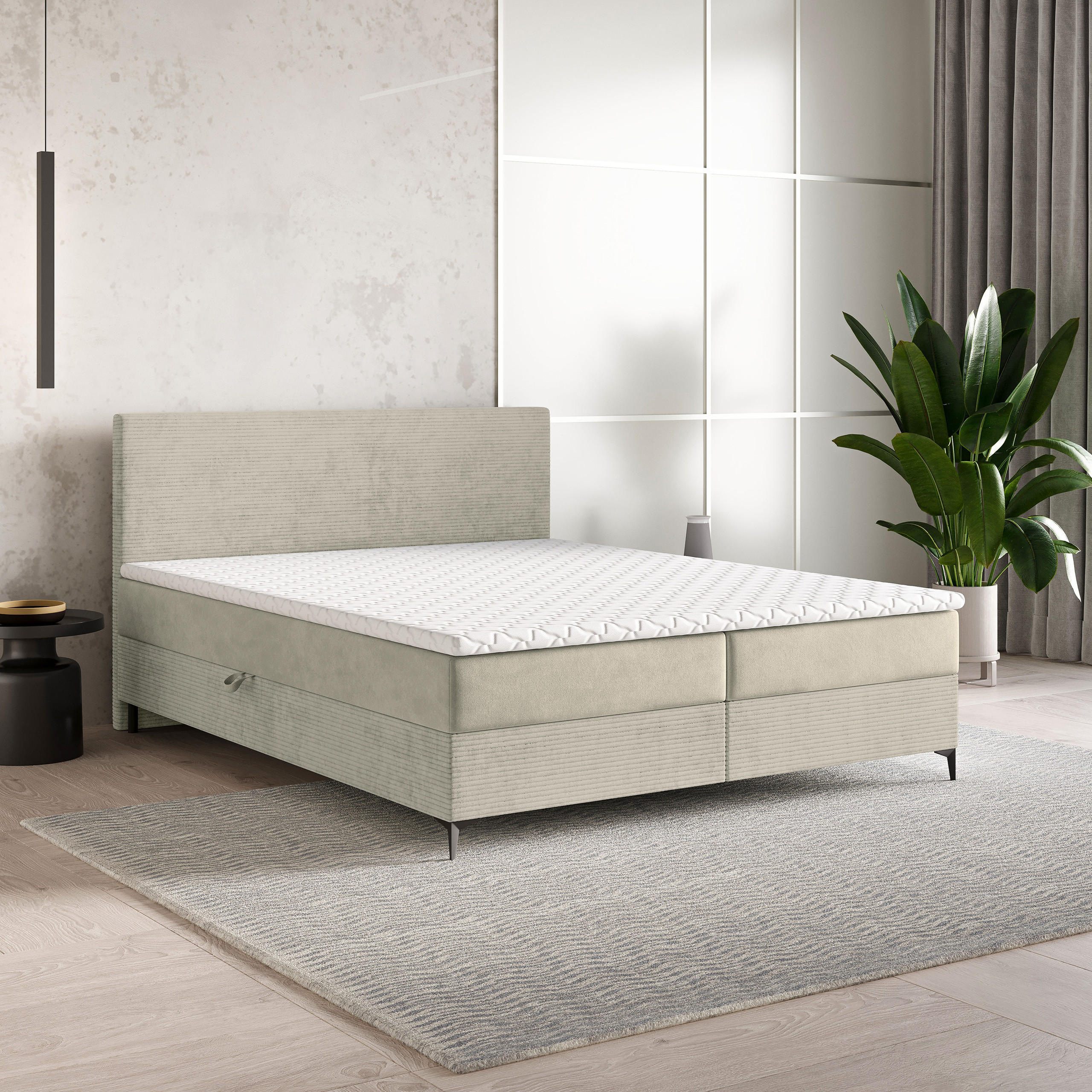 BOXBETT TORREL 160x200 cm mit Matratze und Topper - Creme - Creme, Holz (160/200cm) - MASSENO