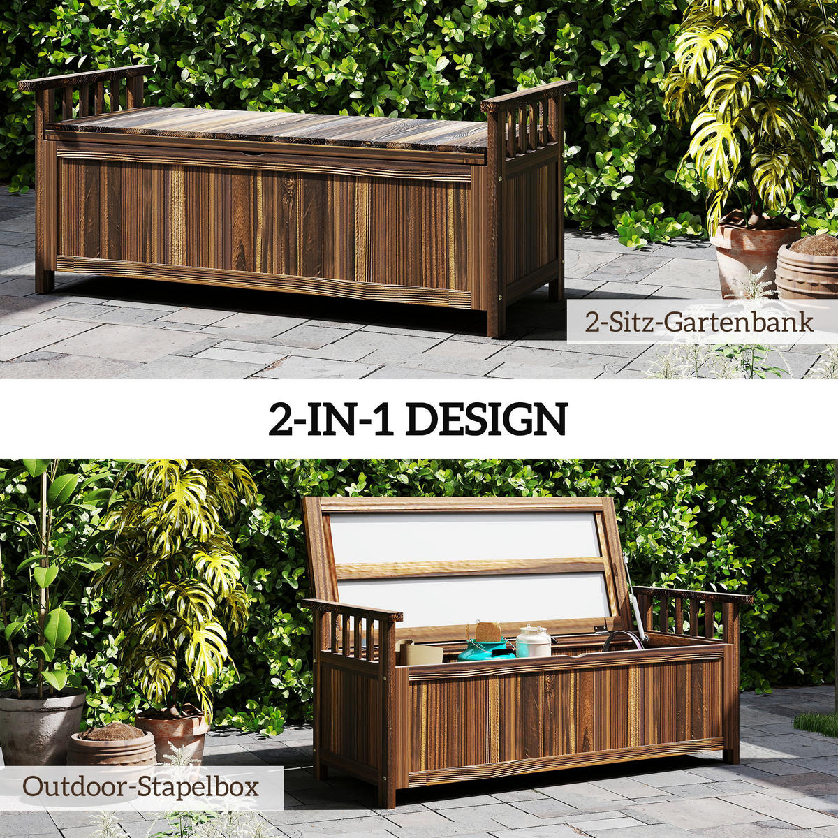 GARTENBANK 2-Sitzer DE-08292 mit Stauraum, Armlehnen Verkohlt - Naturfarben, Holz (128.5/53.5/52cm) - ComfortXL