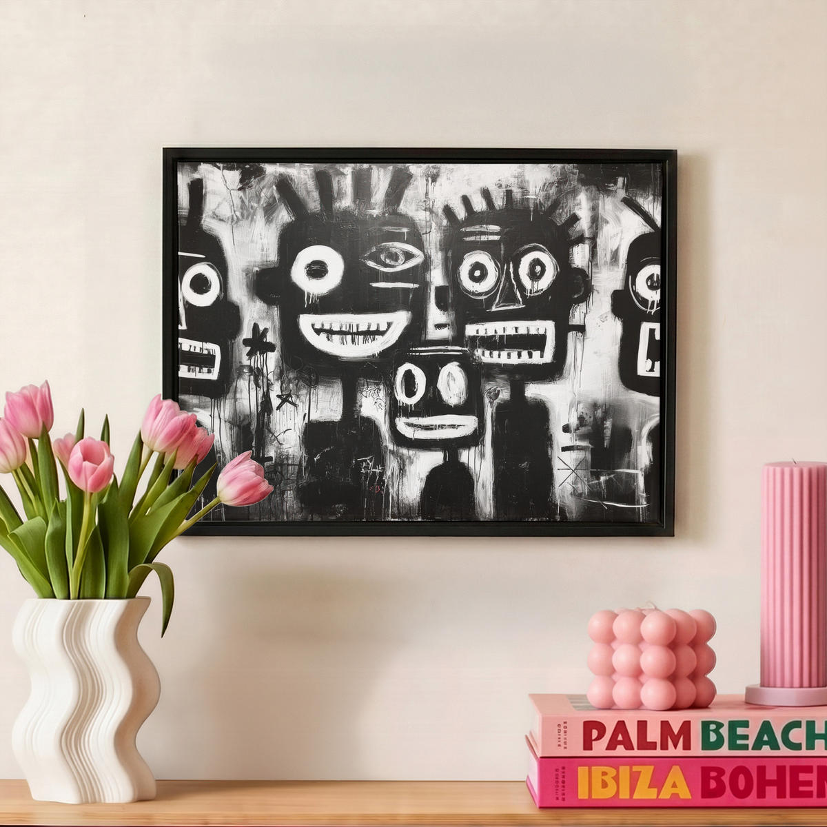 LEINWAND Bilder mit Rahmen - Malerei - Figuren - Schwarz - Abstrakt - 40x30 - Schwarz, Textil (40/30cm) - MuchoWow