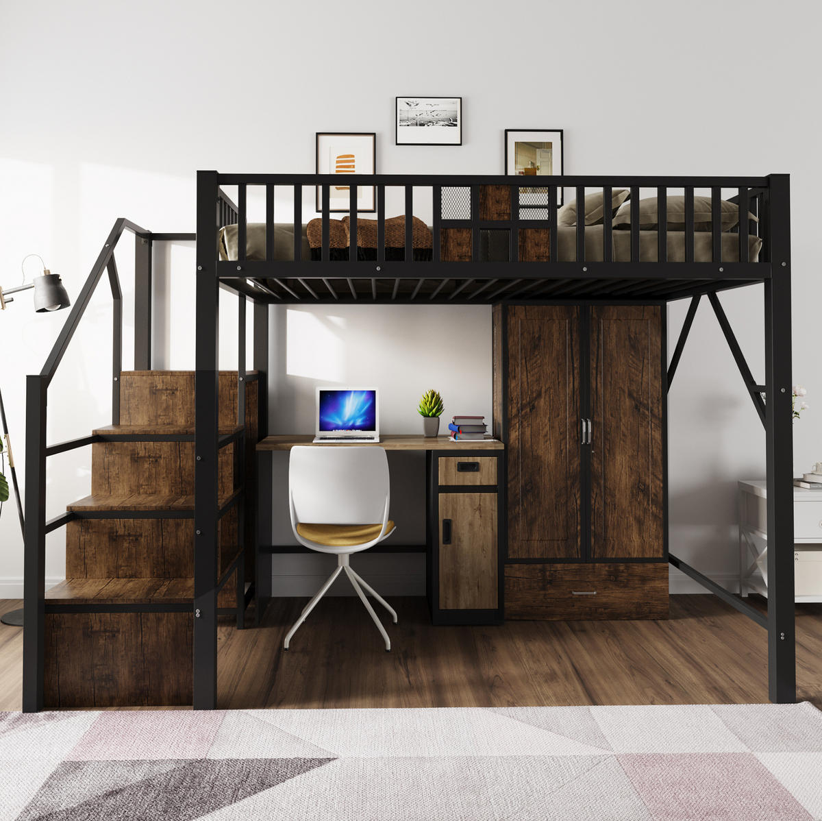HOCHBETT 140/200 cm, Schwarz mit Kleiderschrank und Stauraum - Schwarz, Metall (140/200cm) - MIVRAY