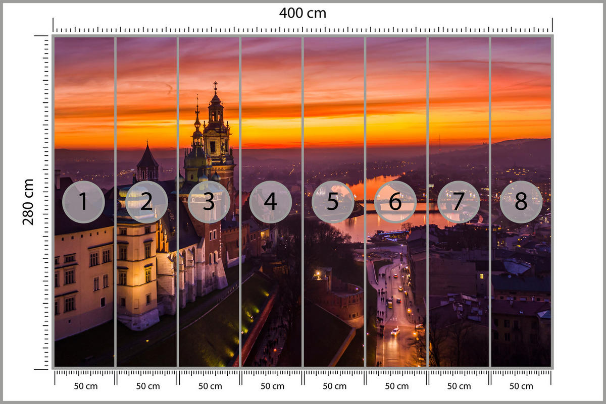 FOTOTAPETE für Wohnzimmer Sonnenuntergang Wawelburg Architektur Stadt 400x280 - Orange, Papier (400/280cm) - Muralo