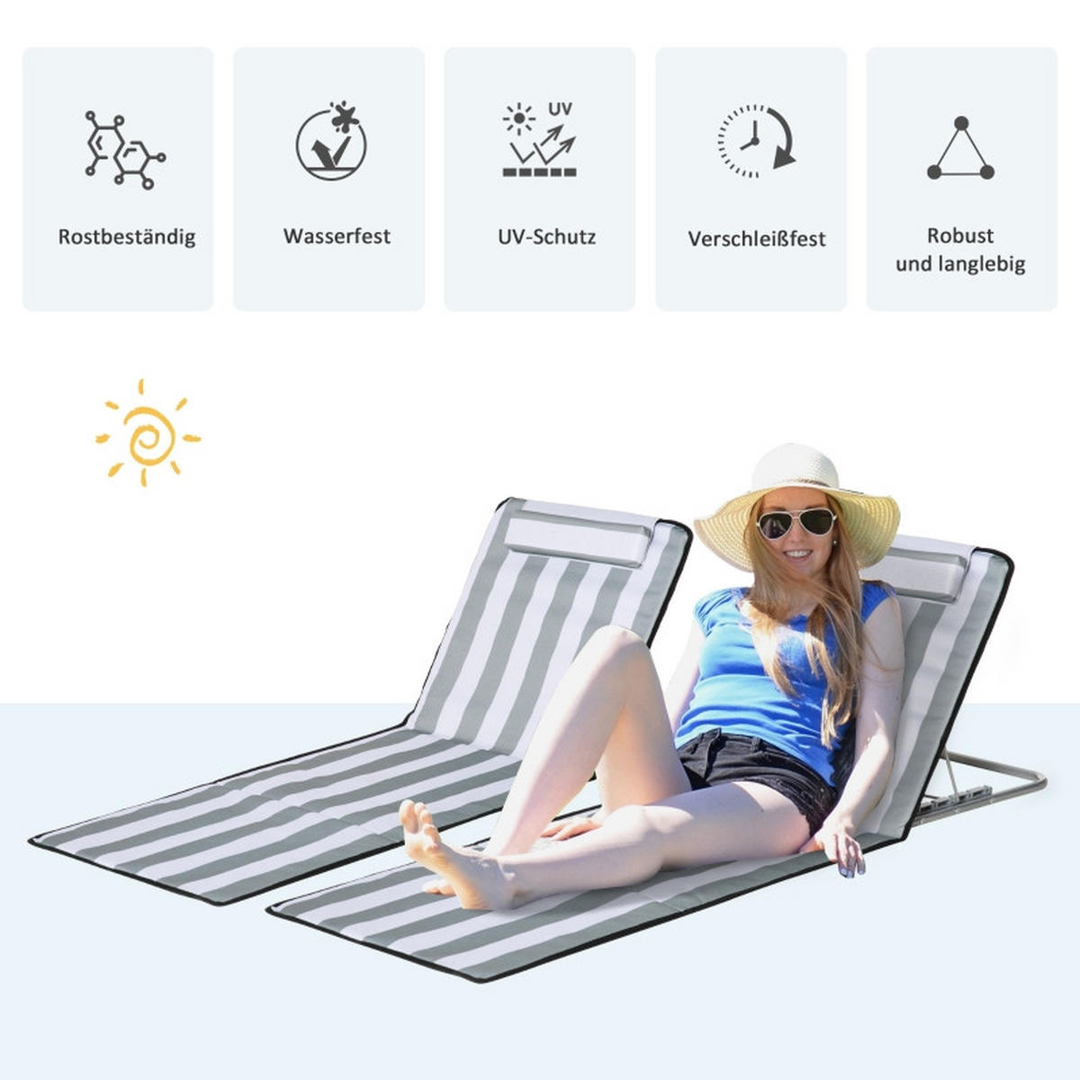 SONNENLIEGE aus Polyethylen 134x48x33-43 cm in Hellgrau mit Kissen & Tragetasche - Hellgrau, Textil (48/43/134cm) - Modfu